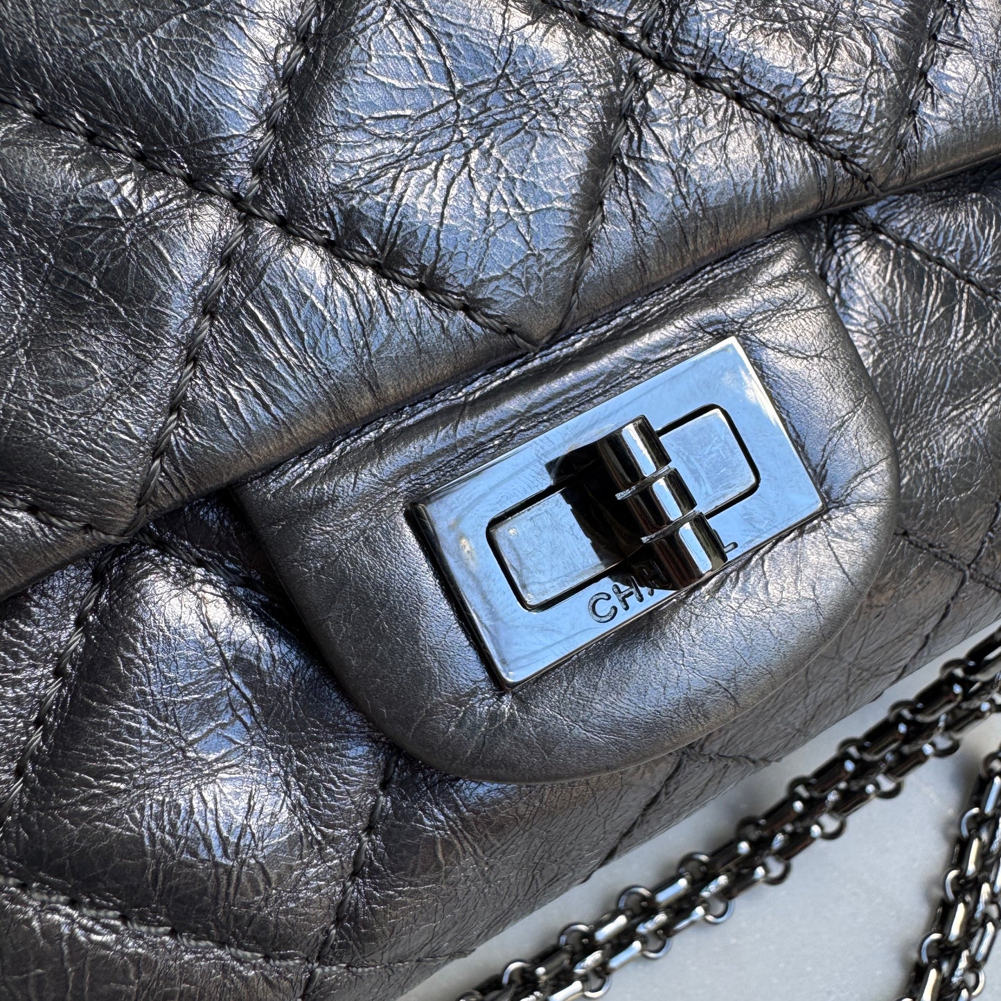 Chanel 2.55 Reissue 227 Double Flap Metallic Aged Calfskin Shoulder Bag