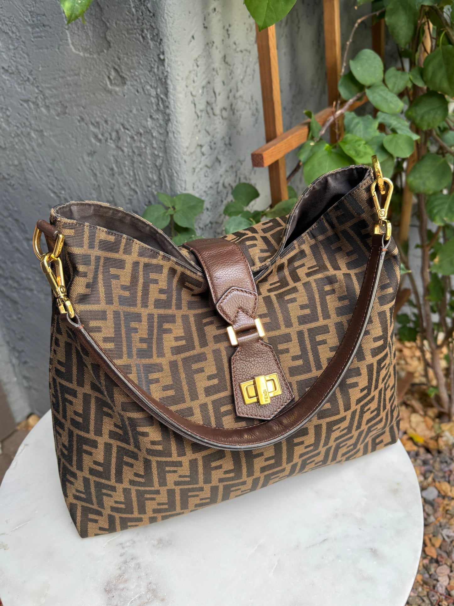 Fendi Turnlock Zucca Canvas Hobo Shoulder Bag