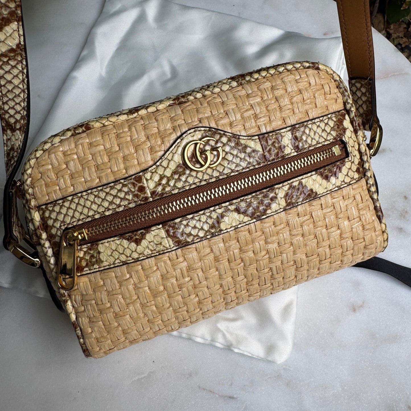 Gucci Ophidia Snakeskin Raffia Mini Crossbody