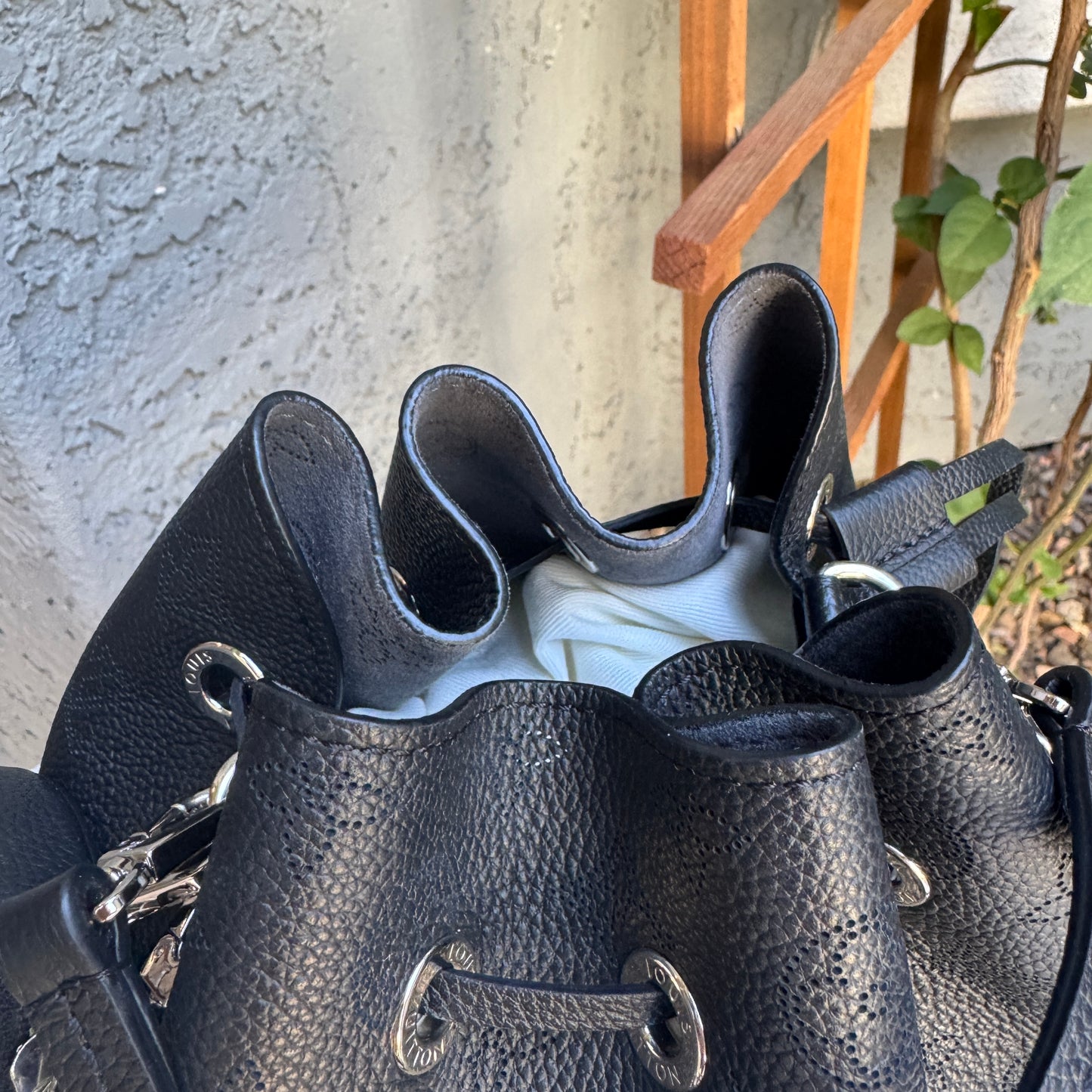 Louis Vuitton Mahina Leather Bella Drawstring Bucket Bag with Coin Pouch
