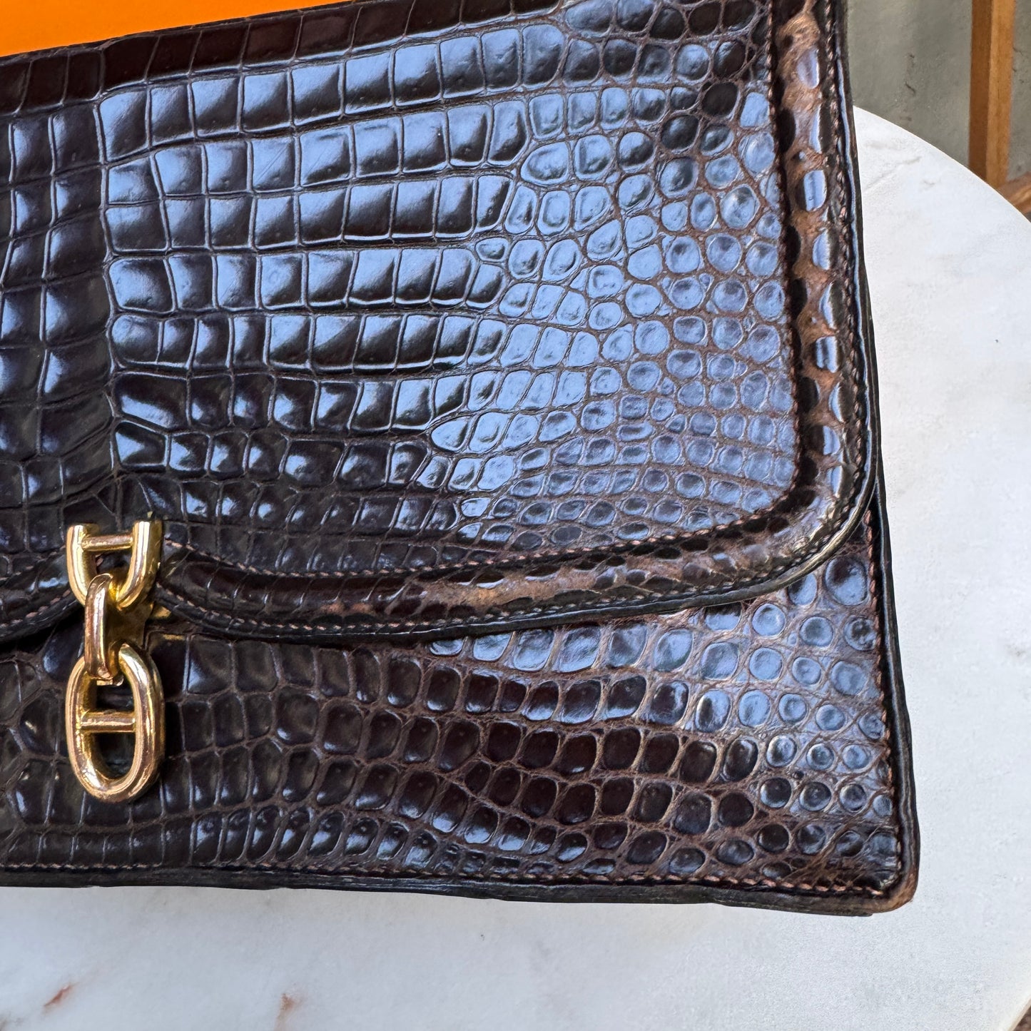 Hermès Vintage Shiny Crocodile Sac Chaine d'Ancre Top Handle Accordion Bag