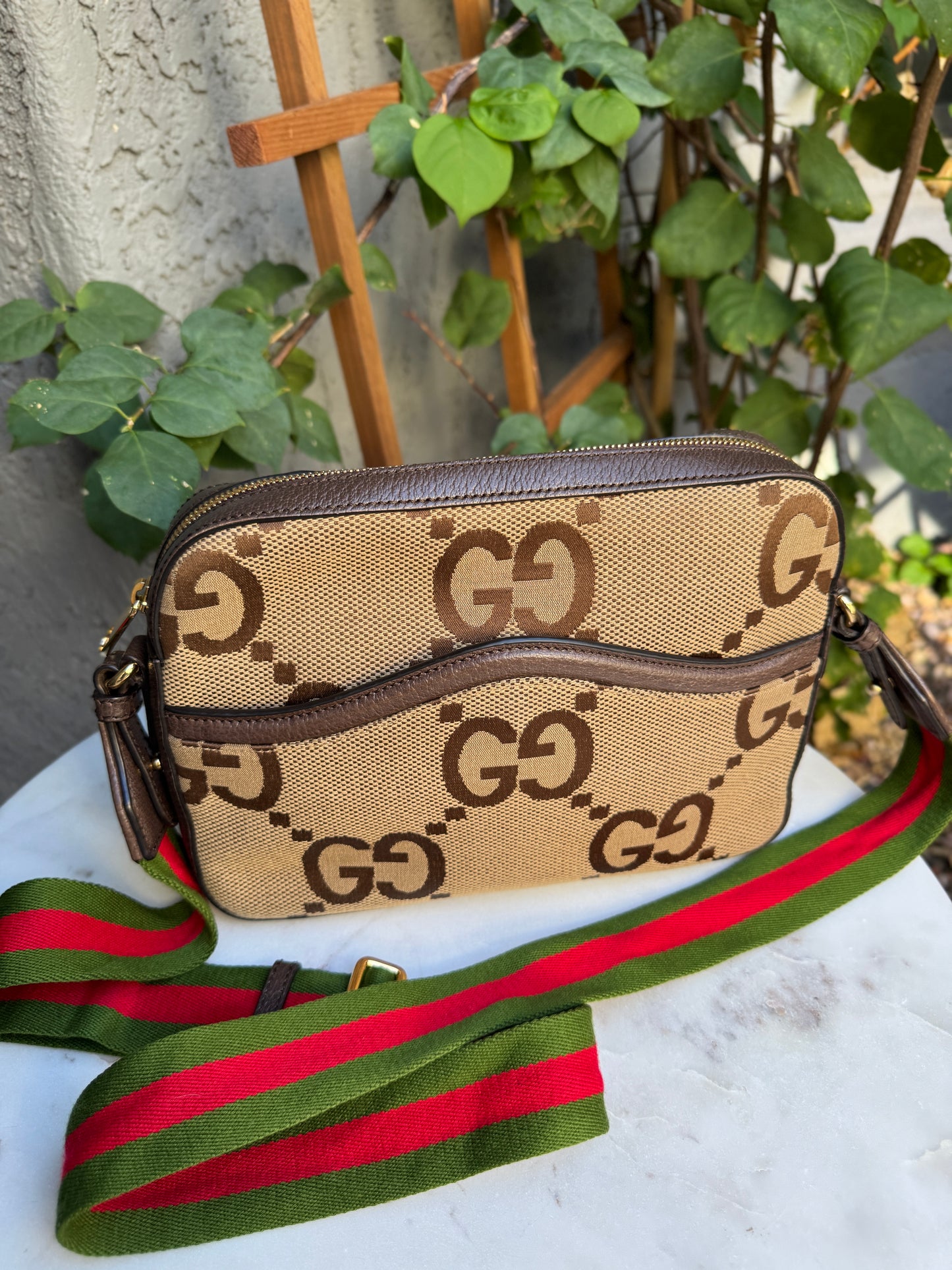 Gucci Monogram Jumbo GG Textured Dollar Calfskin Web Messenger