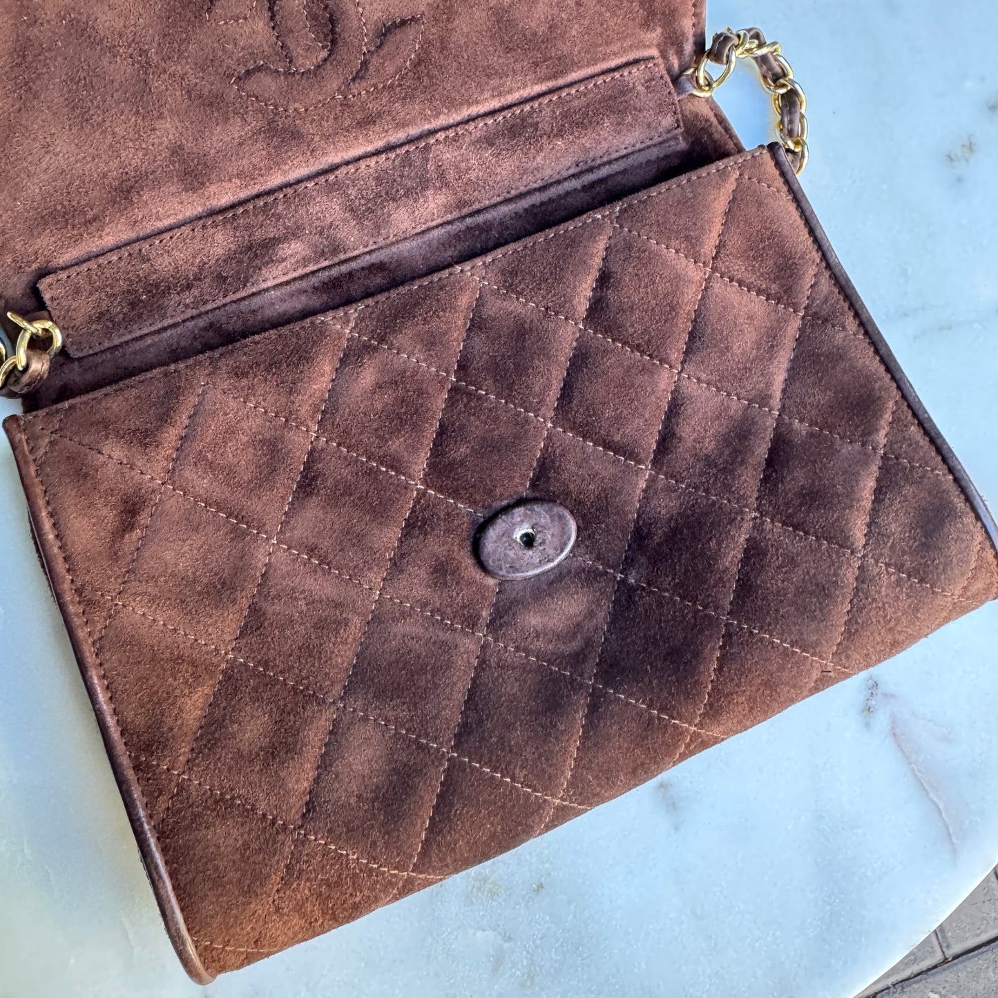 Chanel Vintage Quilted Suede Leather Charm Button Shoulder Bag