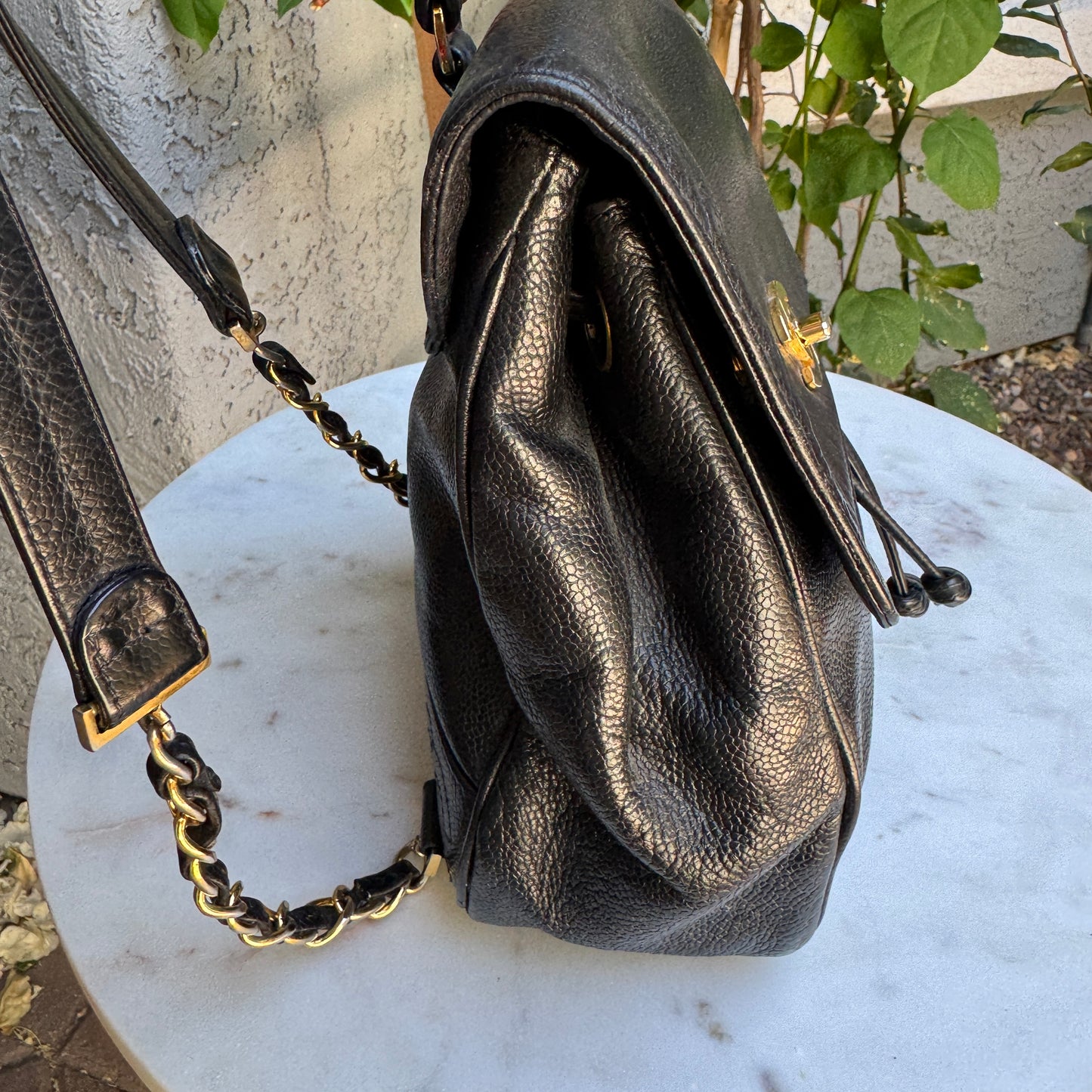 Chanel Vintage Triple Stitched CC Drawstring Flap Caviar Backpack