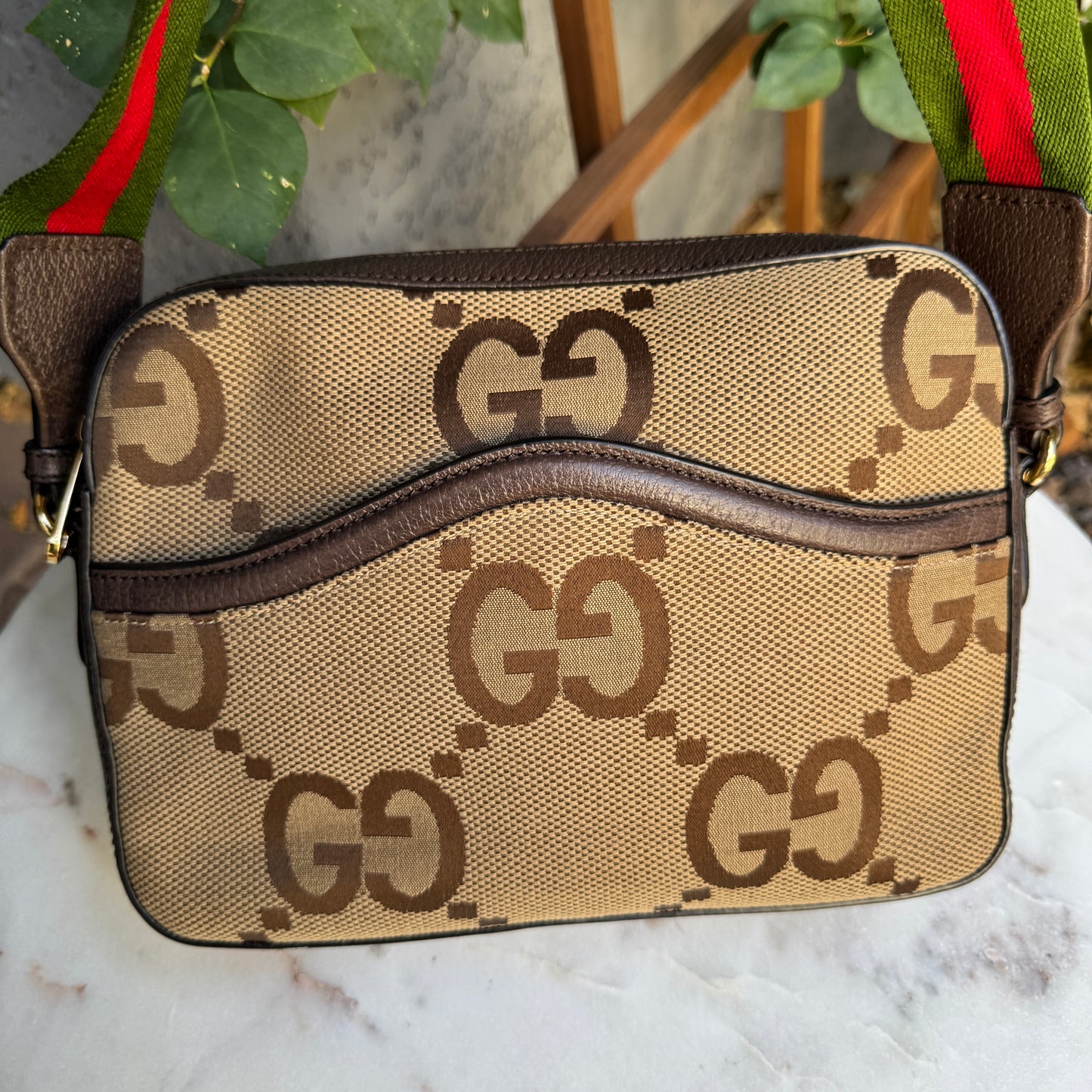 Gucci Monogram Jumbo GG Textured Dollar Calfskin Web Messenger