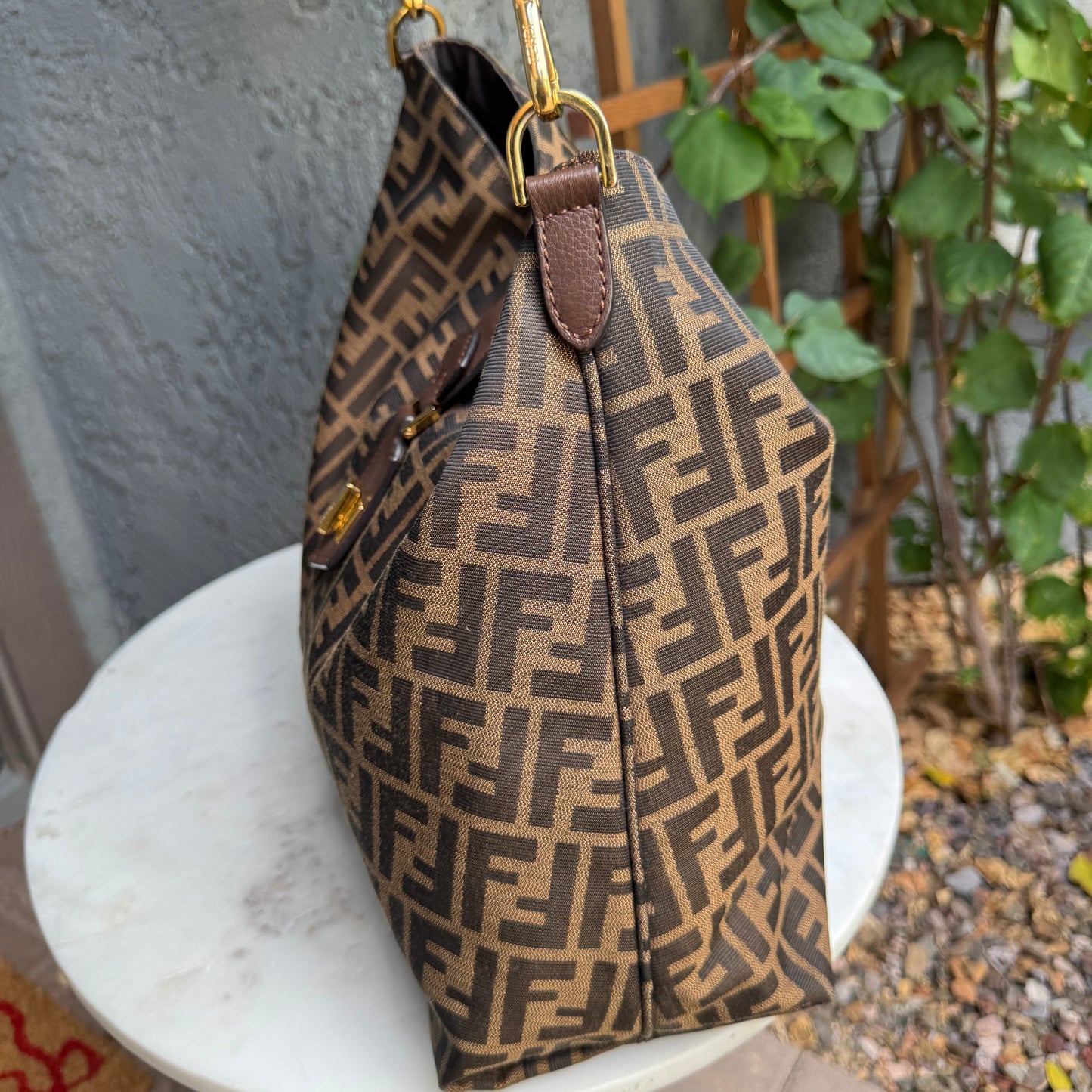 Fendi Turnlock Zucca Canvas Hobo Shoulder Bag