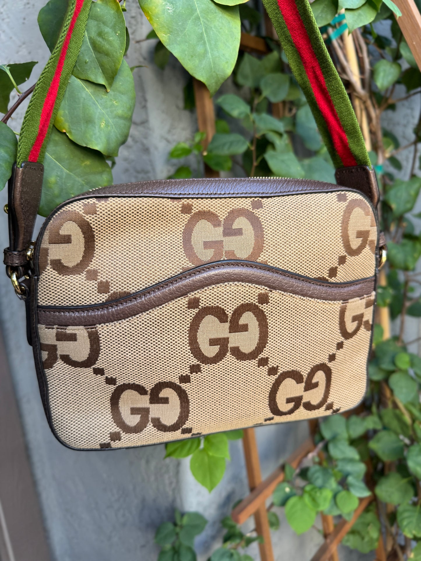 Gucci Monogram Jumbo GG Textured Dollar Calfskin Web Messenger