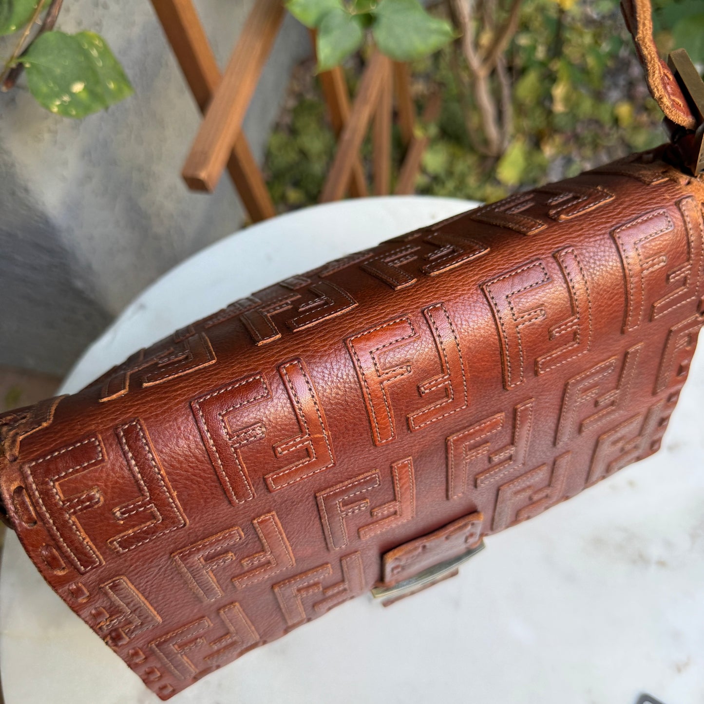 Fendi FF Leather Stitched Monogram Mamma Baguette