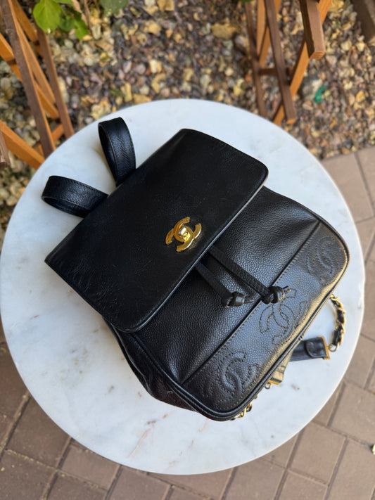 Chanel Vintage Triple Stitched CC Drawstring Flap Caviar Backpack