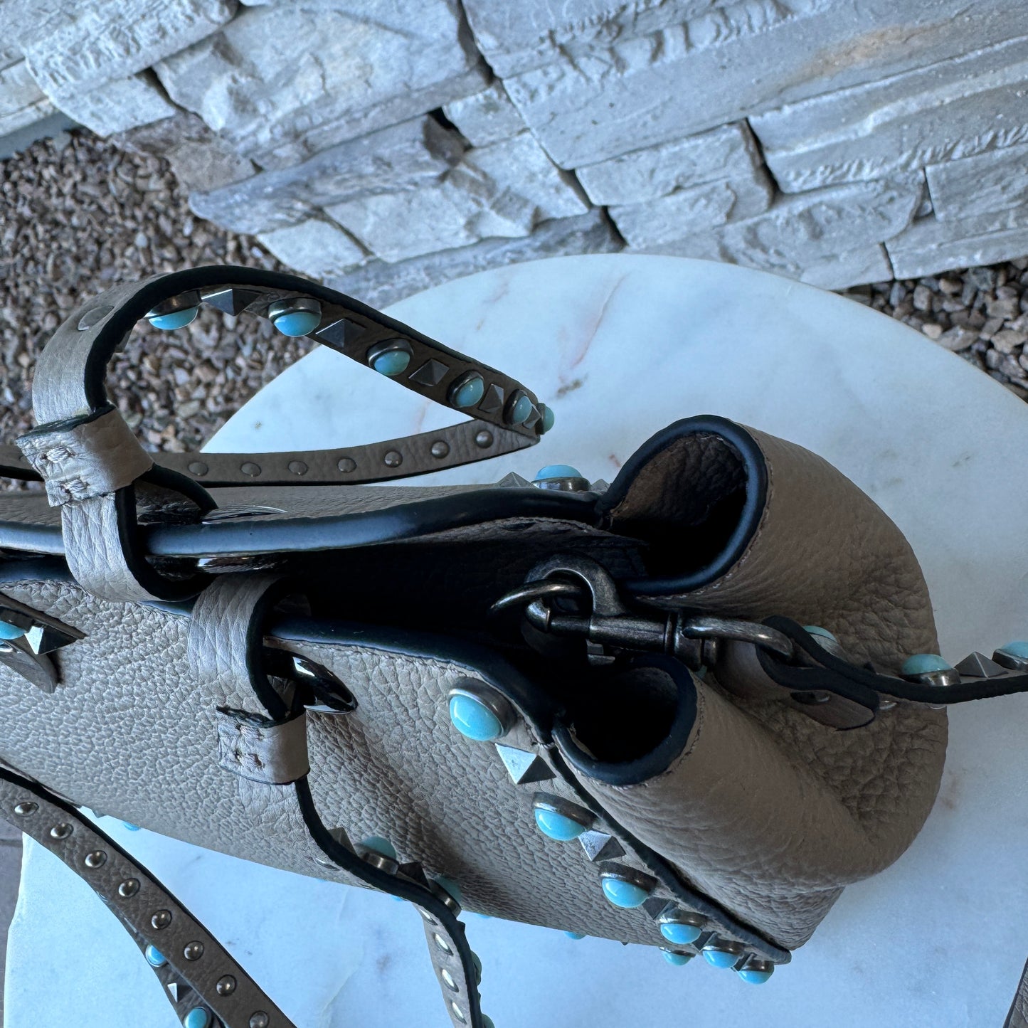 Valentino Garavani Rolling Turquoise Rockstud Tote