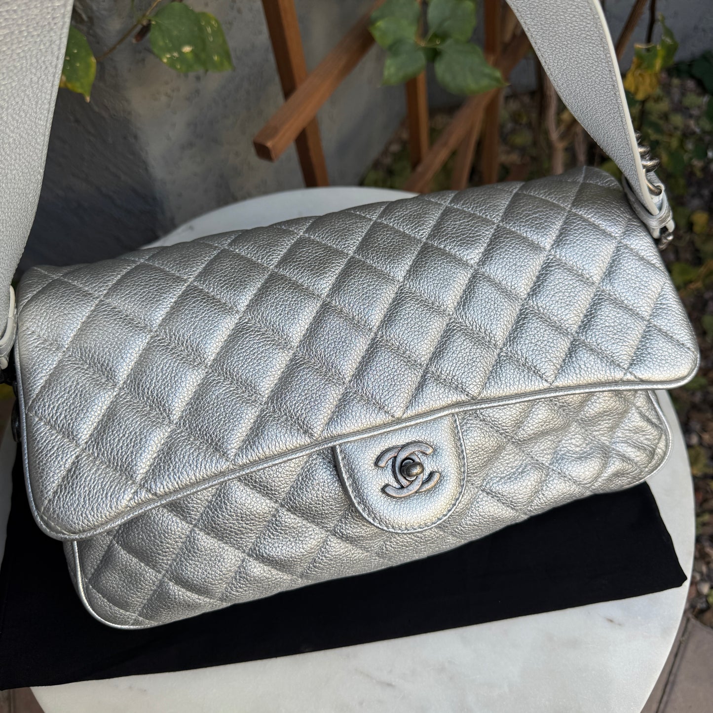 Chanel Silver Quilted Leather Airline Casual Rock Easy Flap Shoulder Bag