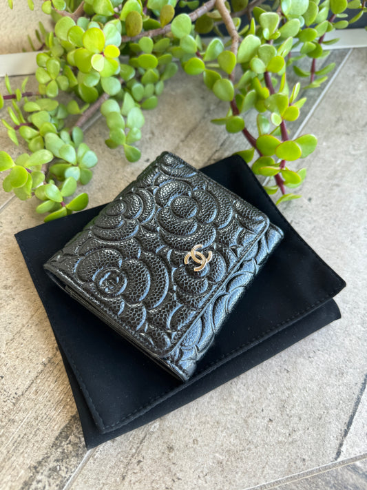 Chanel Camellia Caviar Leather Compact Wallet