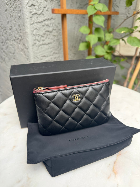 Chanel Lambskin Leather O-Case Zipper Pouch Wallet