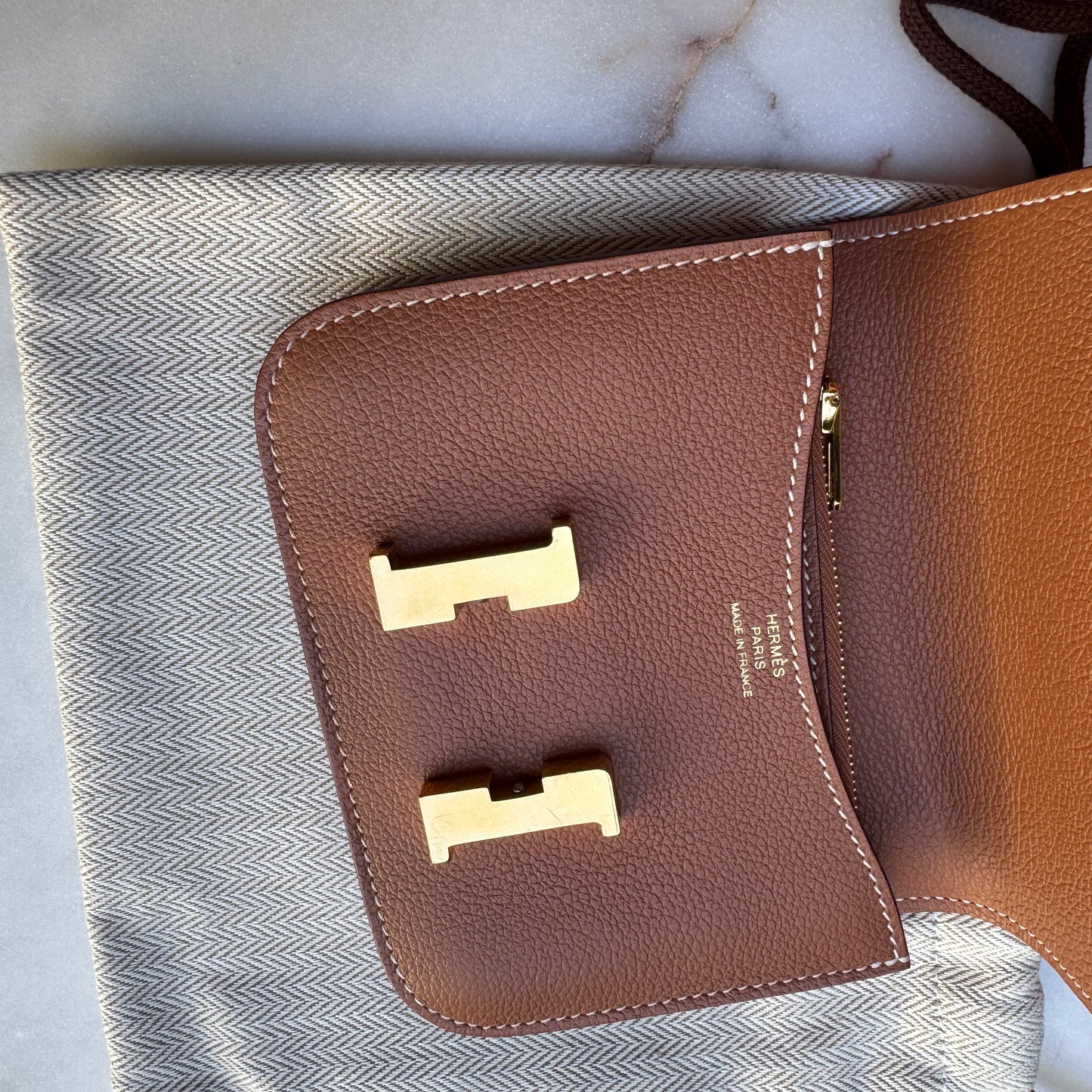 Hermès Gold Evercolor Leather Constance Slim Belt Bag Wallet