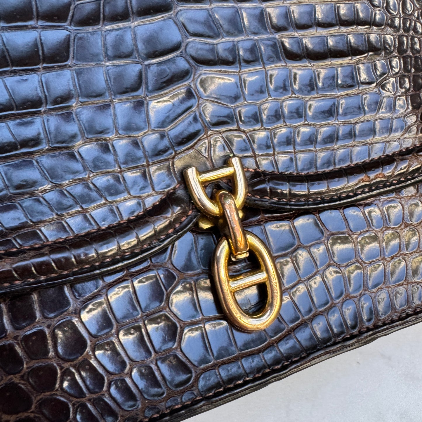 Hermès Vintage Shiny Crocodile Sac Chaine d'Ancre Top Handle Accordion Bag