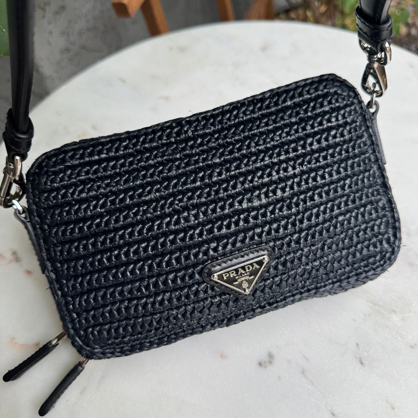 Prada Crochet Raffia Brique Crossbody