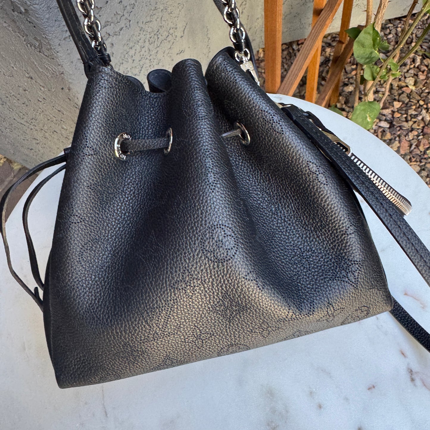 Louis Vuitton Mahina Leather Bella Drawstring Bucket Bag with Coin Pouch