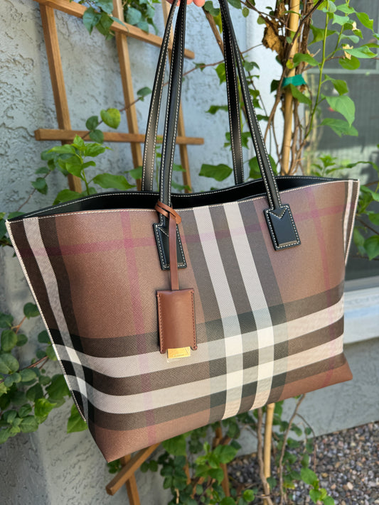 Burberry Dark Birch Brown Check and Leather Medium Tote
