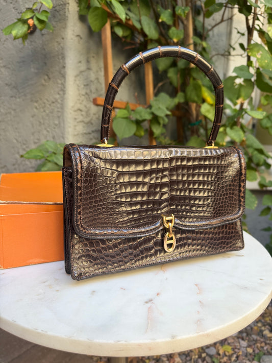 Hermès Vintage Shiny Crocodile Sac Chaine d'Ancre Top Handle Accordion Bag