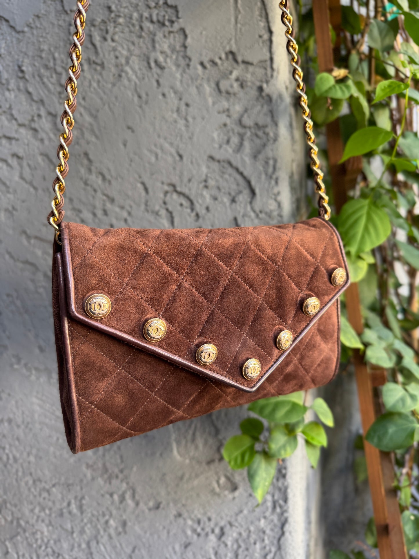 Chanel Vintage Quilted Suede Leather Charm Button Shoulder Bag