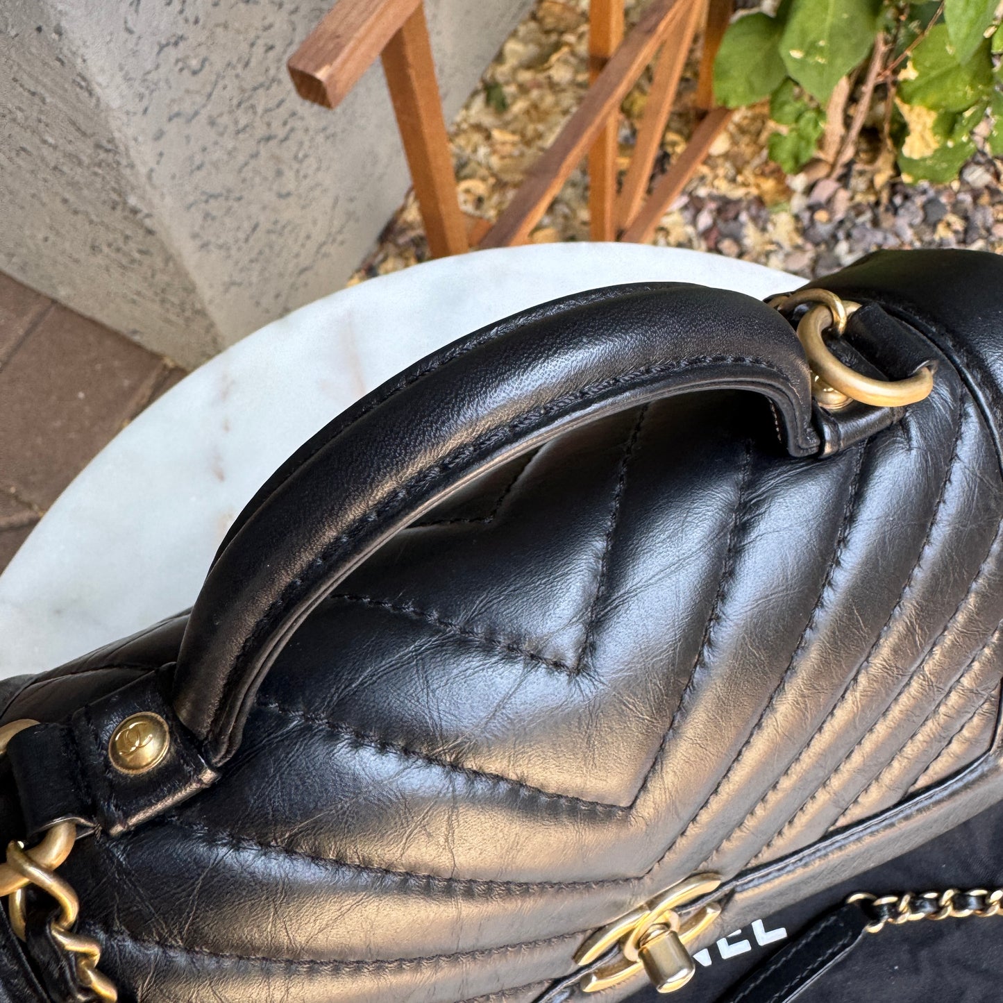 Chanel Calfskin Chevron Quilted Top Handle Flap Crossbody