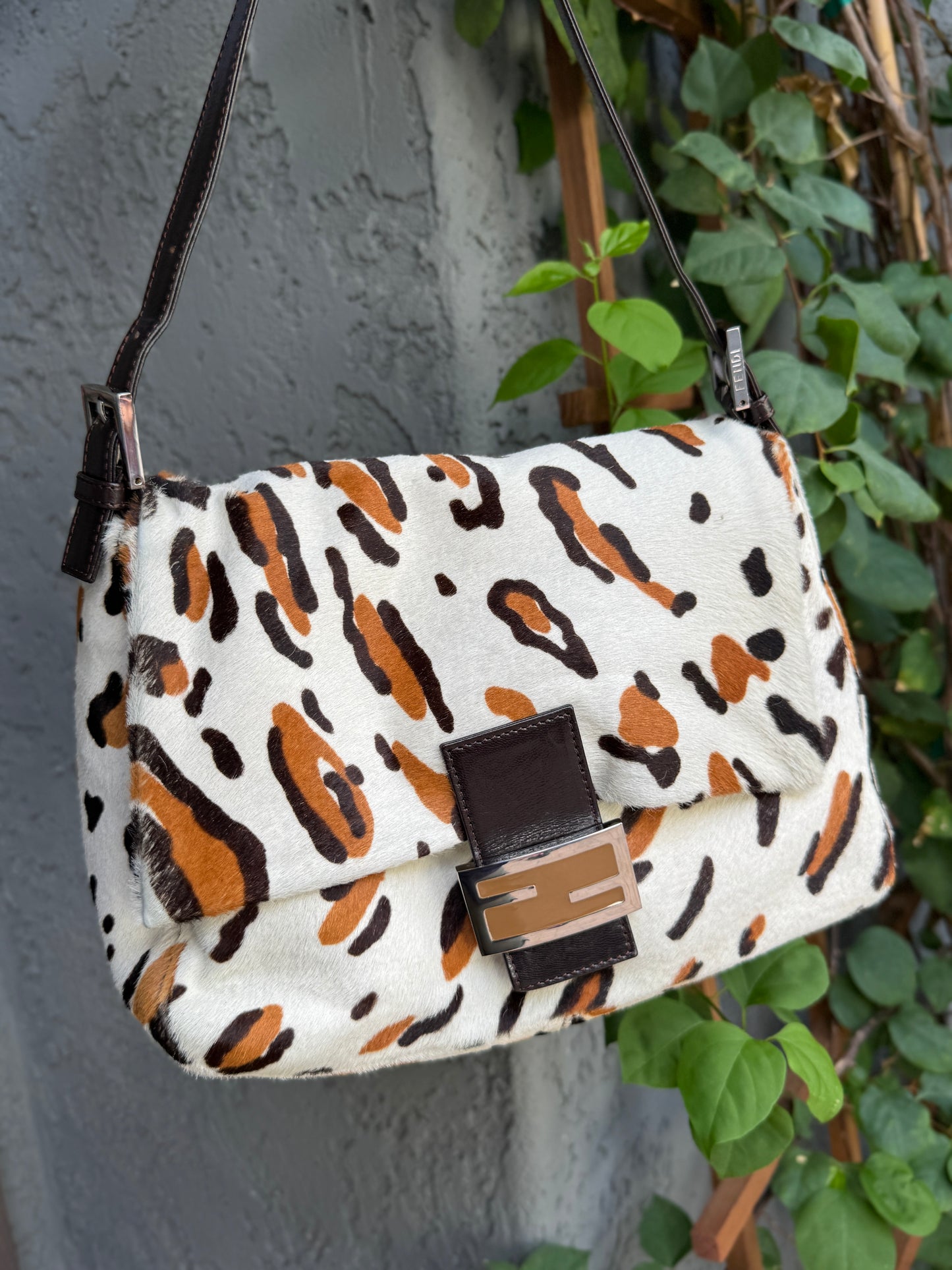 Fendi Vintage Leopard Ponyhair Mama Baguette Shoulder Bag