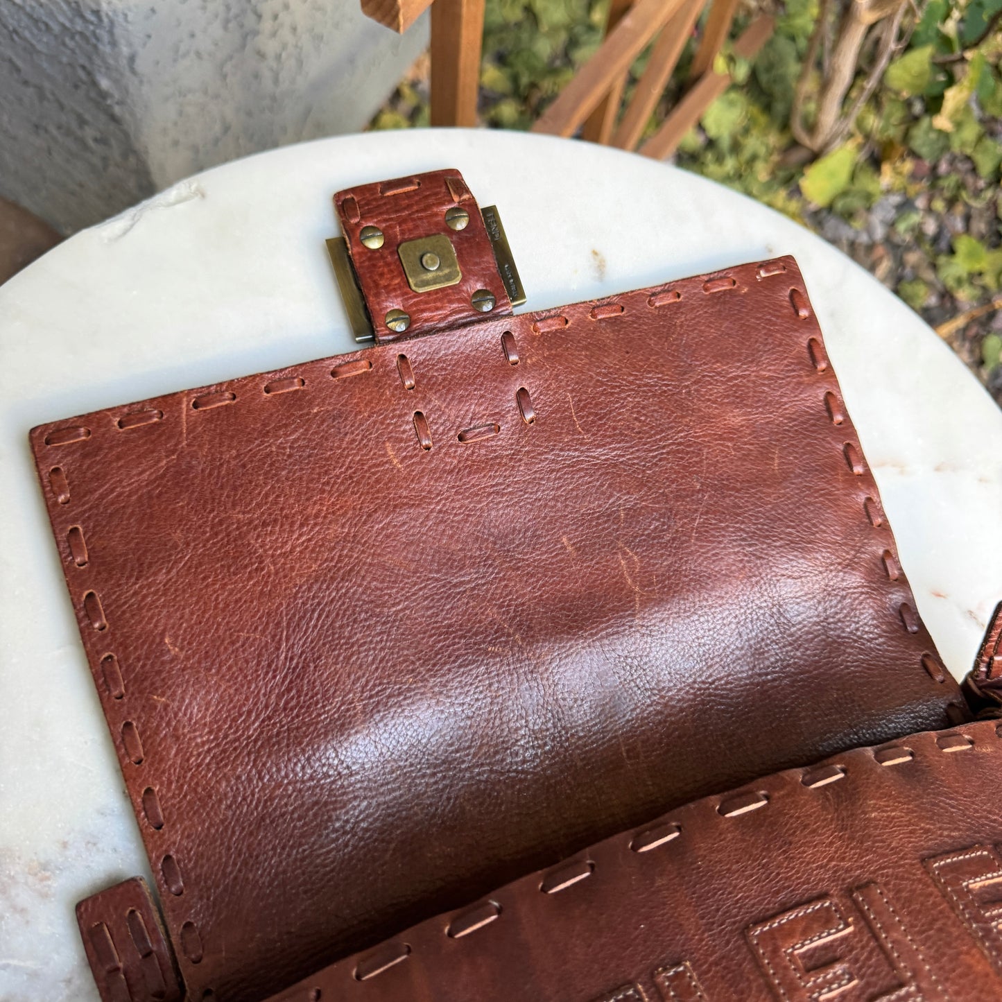 Fendi FF Leather Stitched Monogram Mamma Baguette