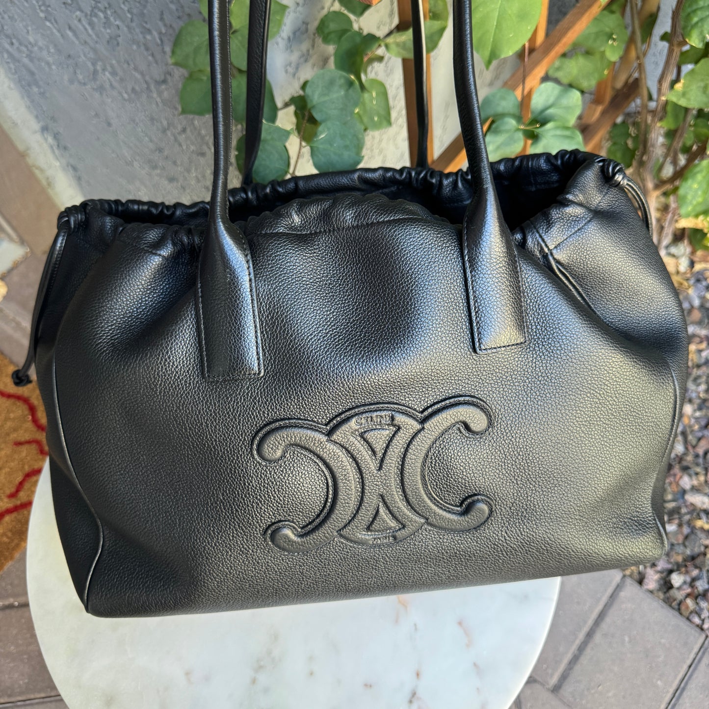 Celine Pebbled Calf Leather Cabas Drawstring Cuir Triomphe Tote