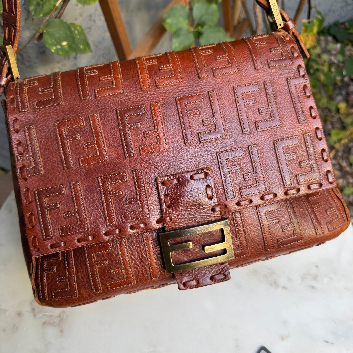 Fendi FF Leather Stitched Monogram Mamma Baguette