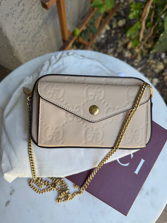 Gucci Calfskin GG Super Mini Debossed Chain Wallet Crossbody