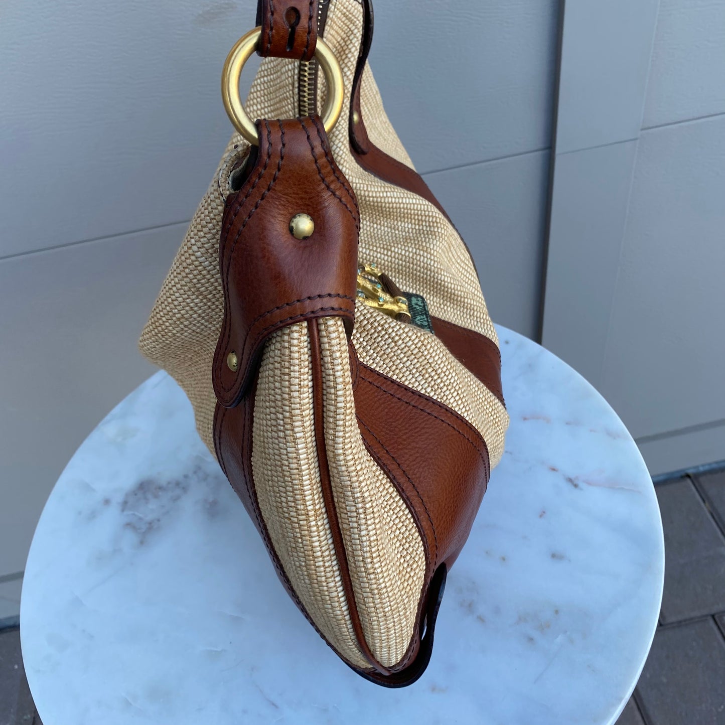 Valentino Garavani Leather and Raffia Shoulder Bag