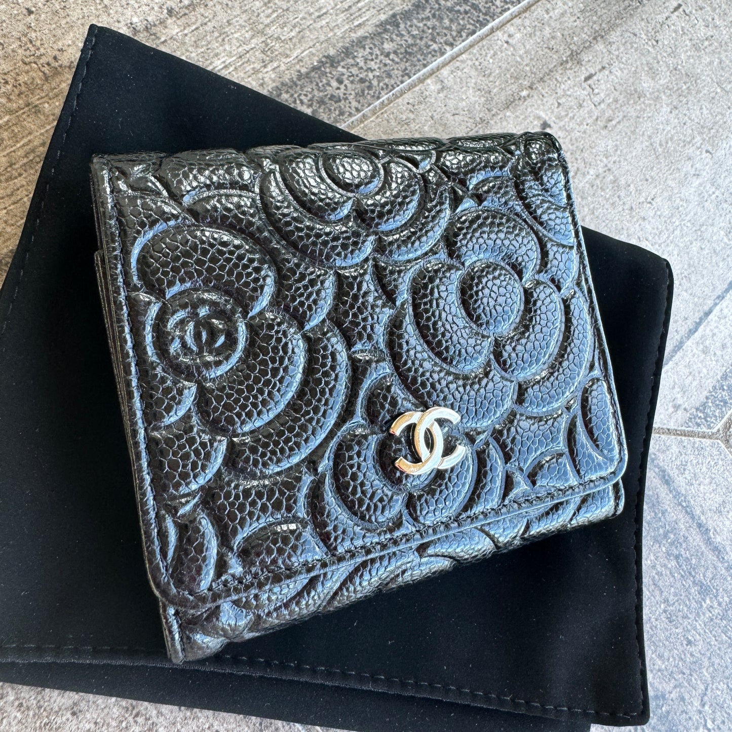 Chanel Camellia Caviar Leather Compact Wallet
