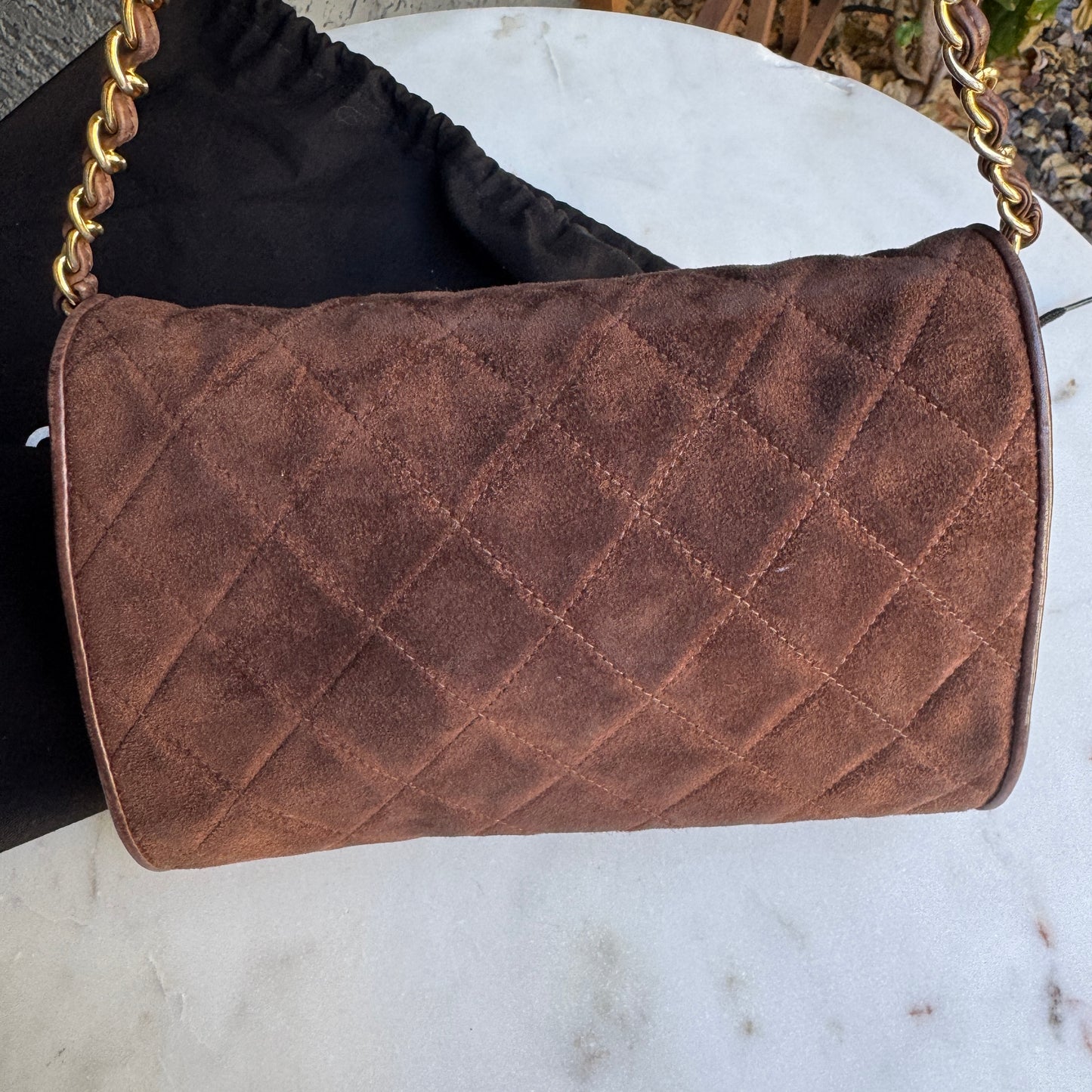 Chanel Vintage Quilted Suede Leather Charm Button Shoulder Bag