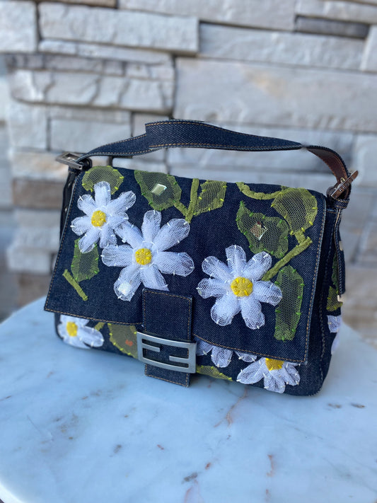 Fendi Denim Flower Mama Baguette Shoulder Bag
