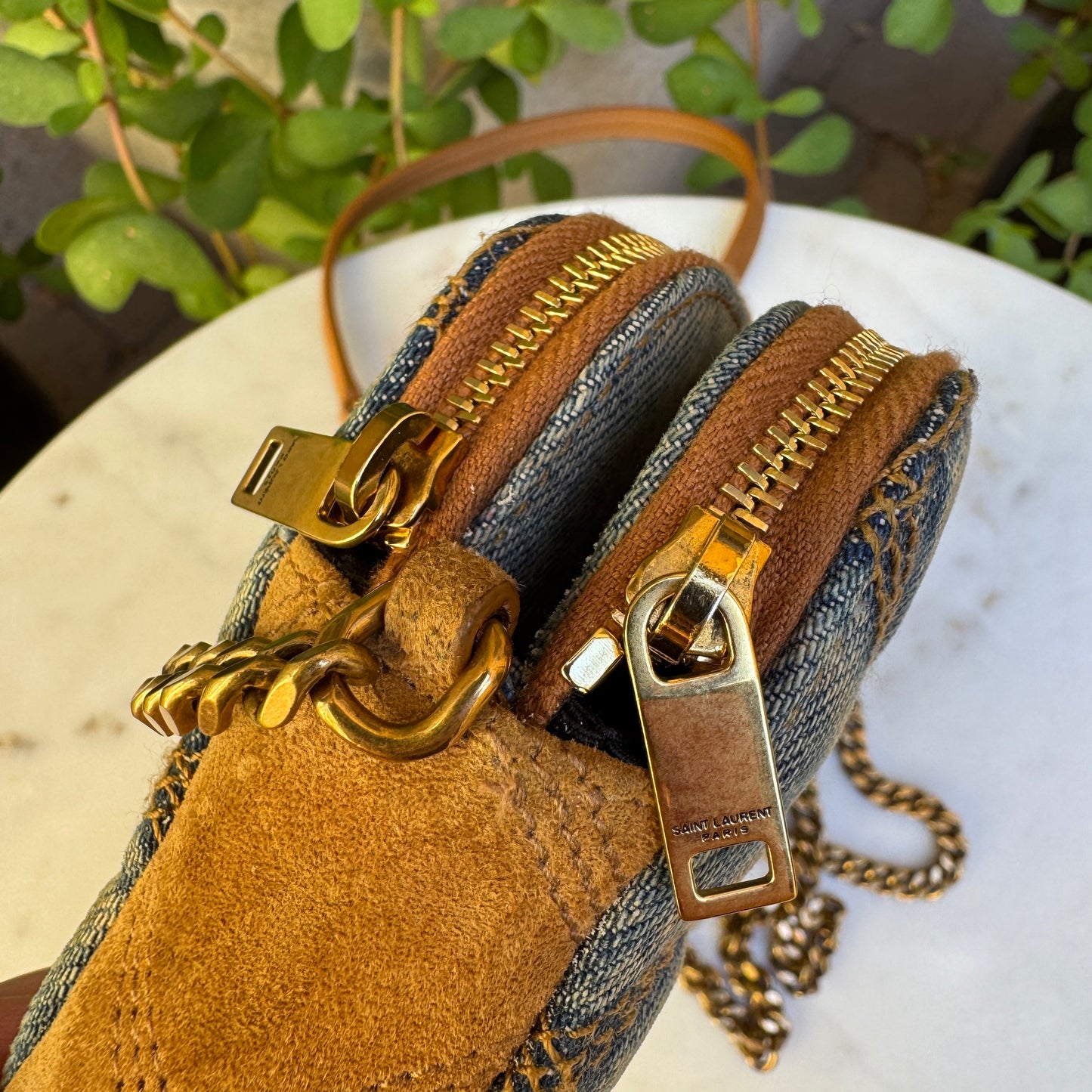 Saint Laurent Denim Becky Double-Zip Crossbody