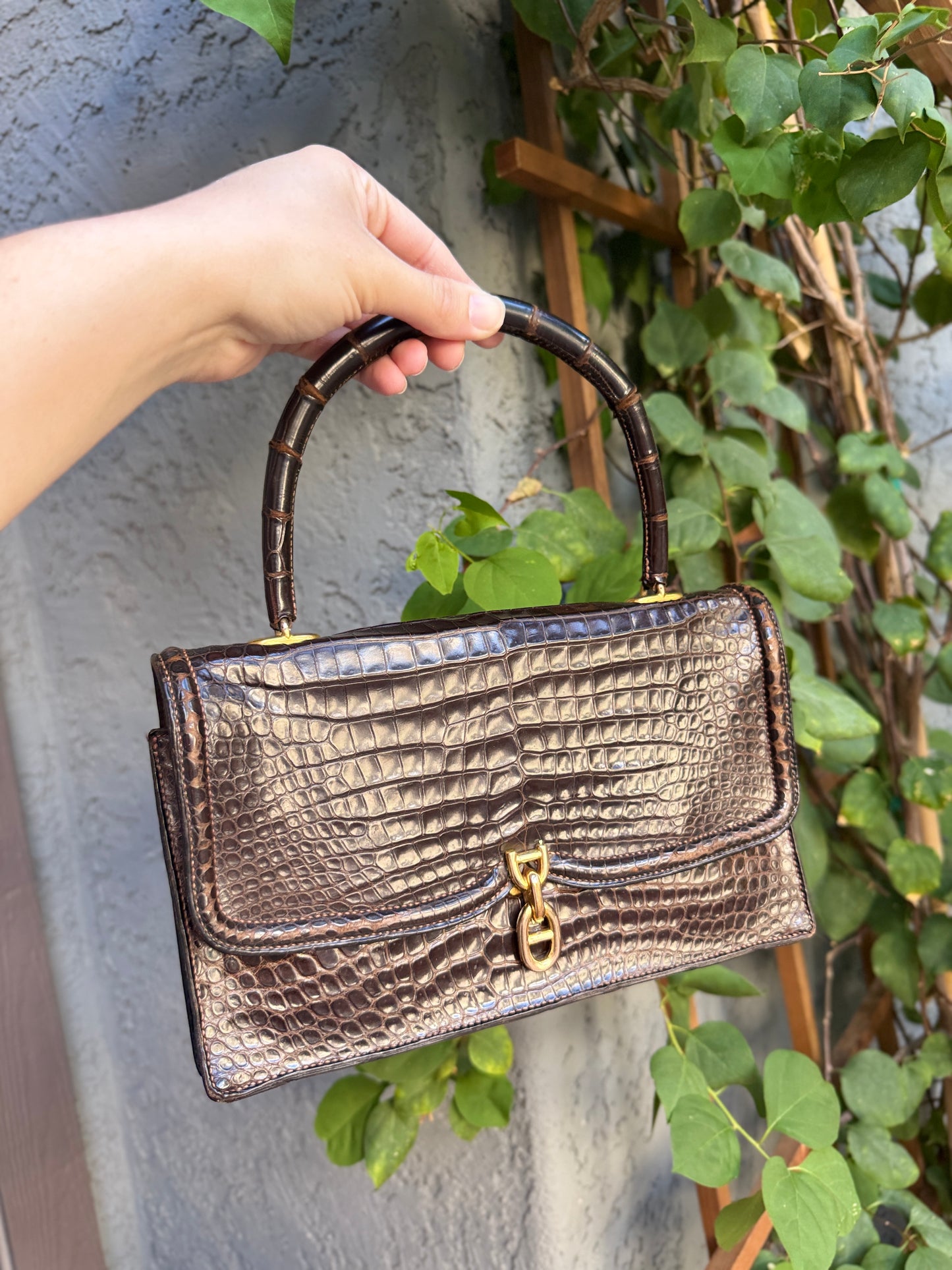 Hermès Vintage Shiny Crocodile Sac Chaine d'Ancre Top Handle Accordion Bag
