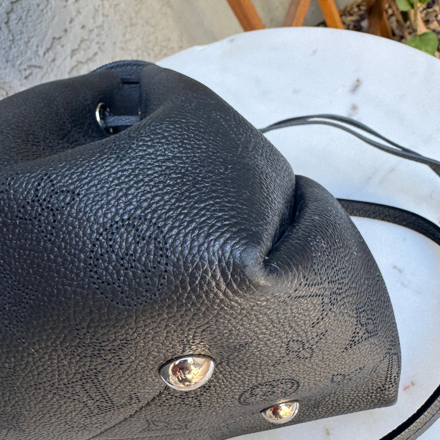 Louis Vuitton Mahina Leather Bella Drawstring Bucket Bag with Coin Pouch