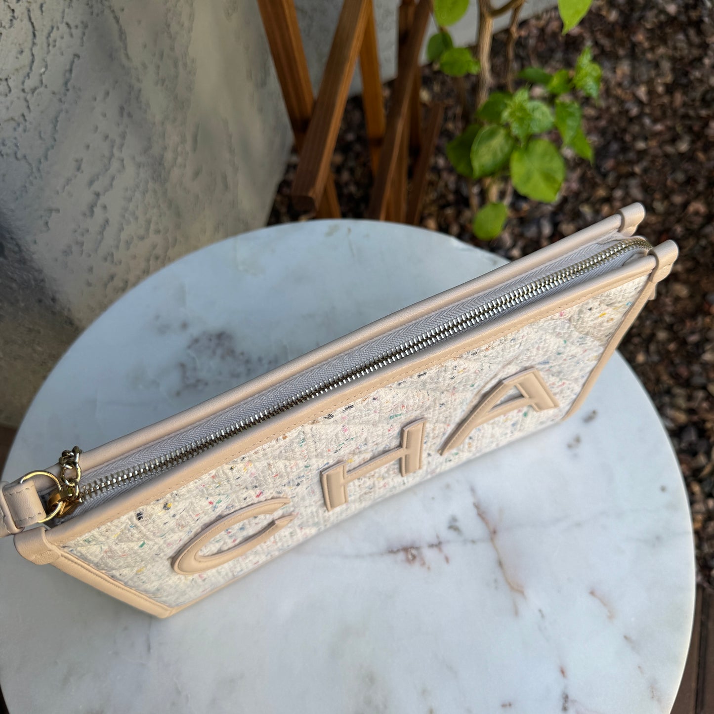 Chanel Tweed PVC Large Wristlet Clutch