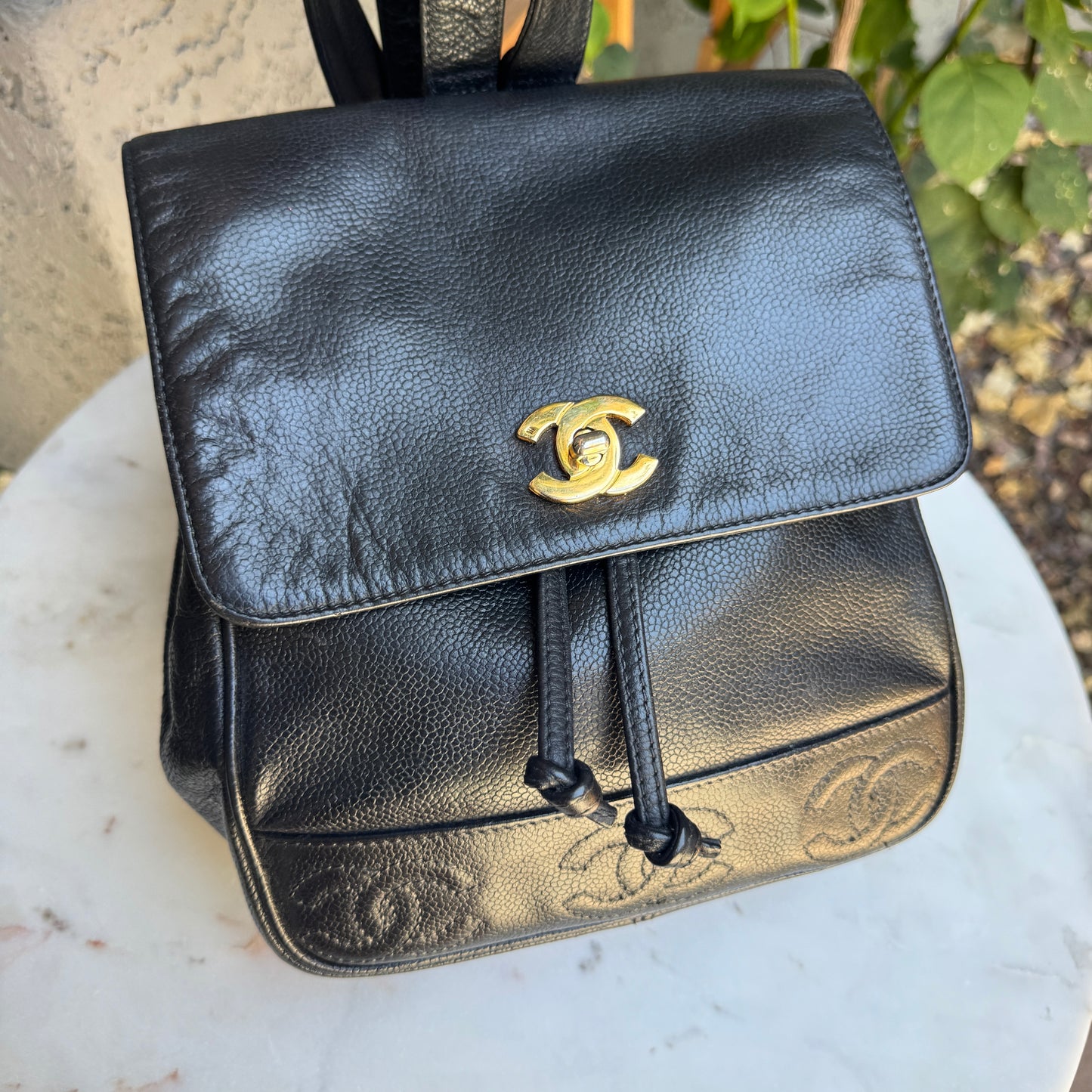 Chanel Vintage Triple Stitched CC Drawstring Flap Caviar Backpack