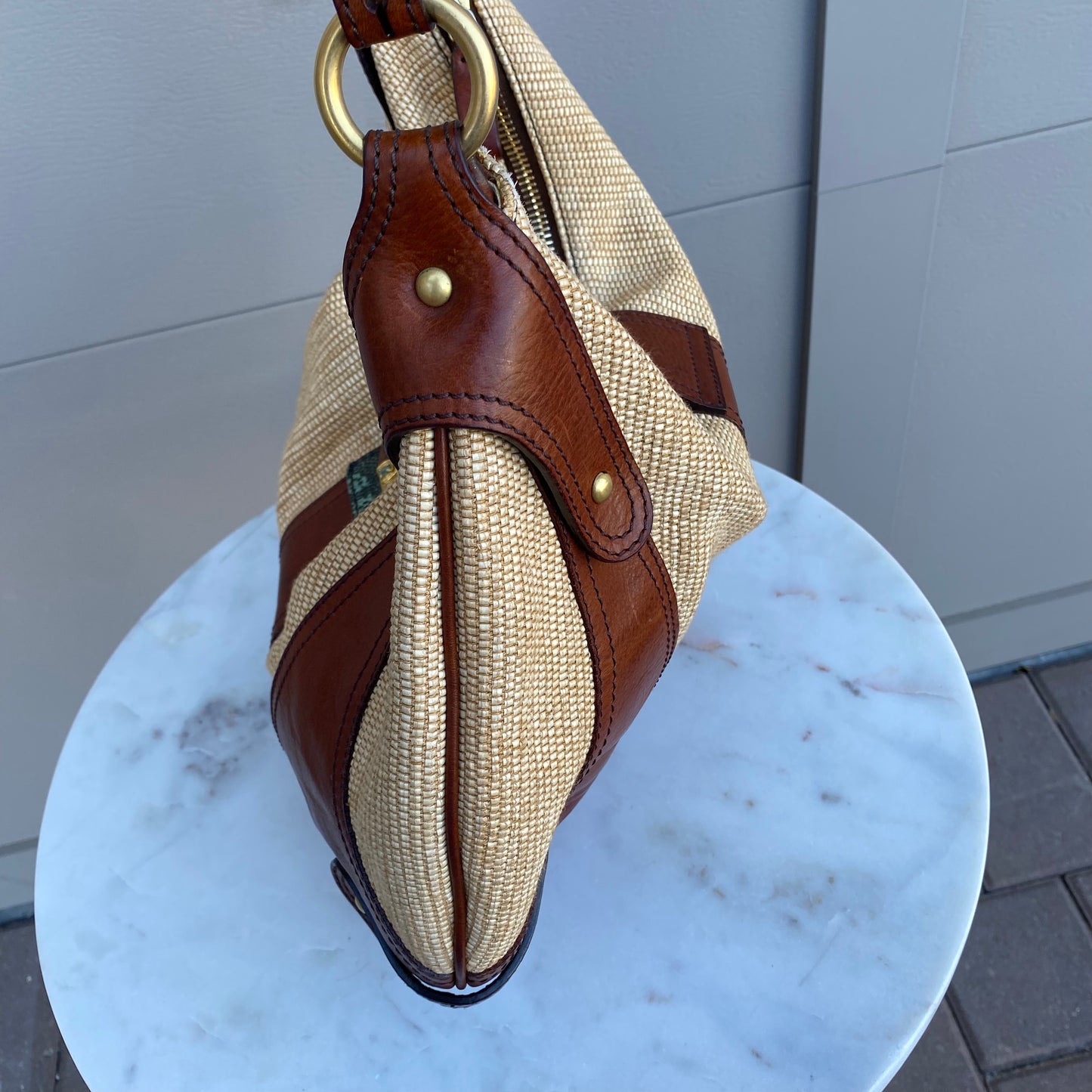 Valentino Garavani Leather and Raffia Shoulder Bag