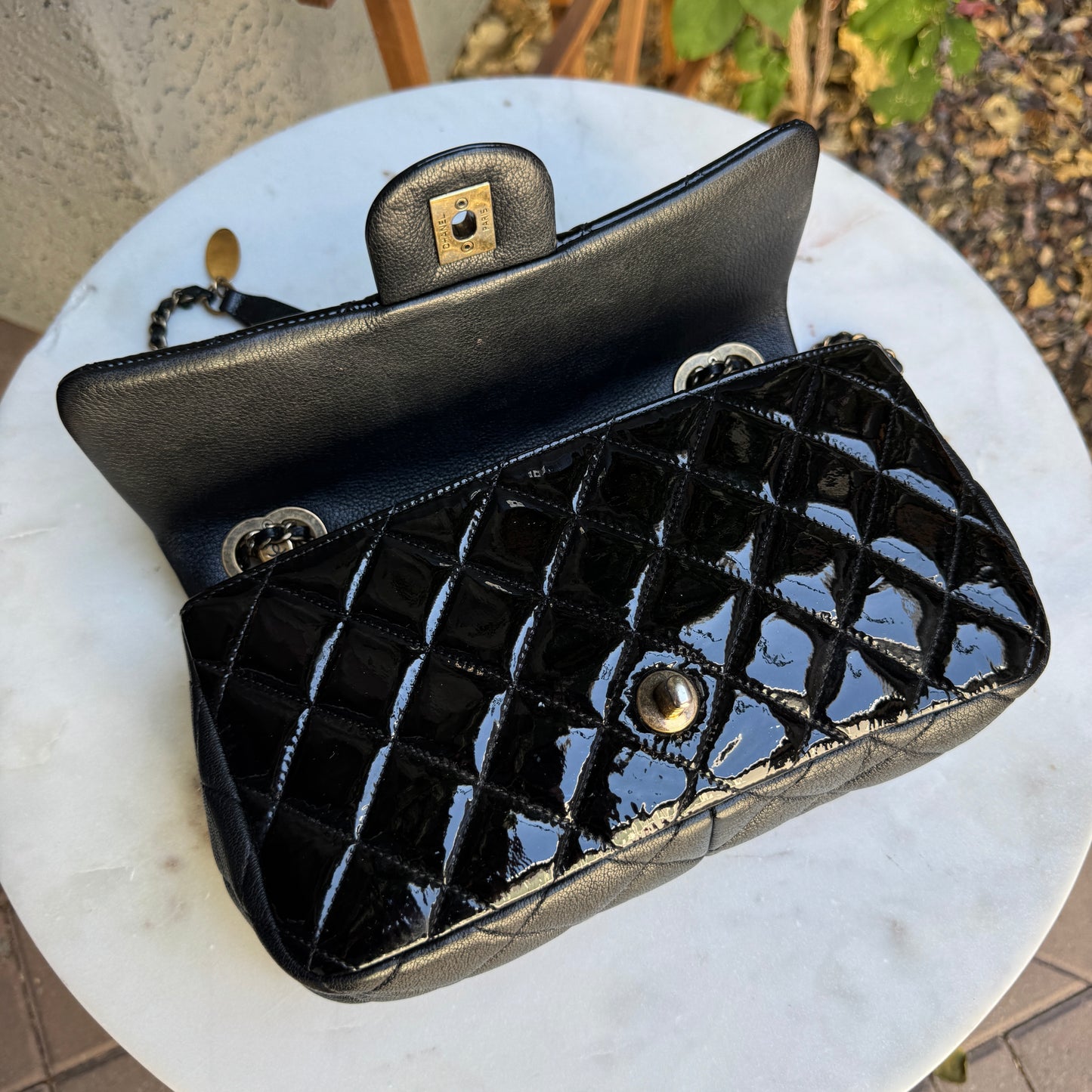 Chanel Quilted Patent Leather Medium Eyelet Single Flap Crossbody