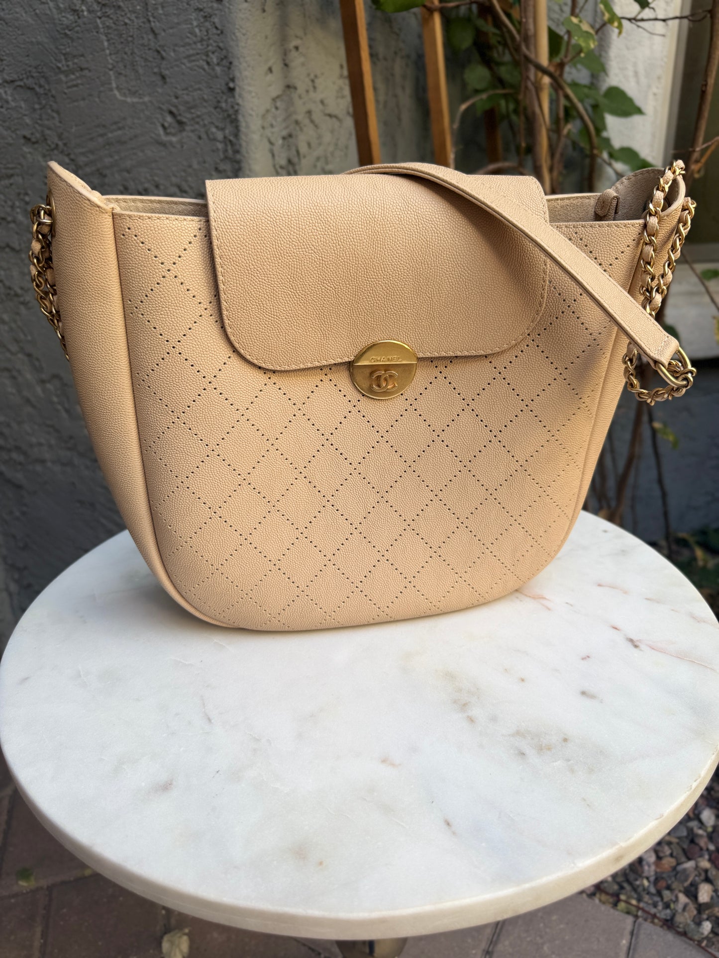 Chanel Moon Lock Perforated Diamond Caviar Leather Hobo