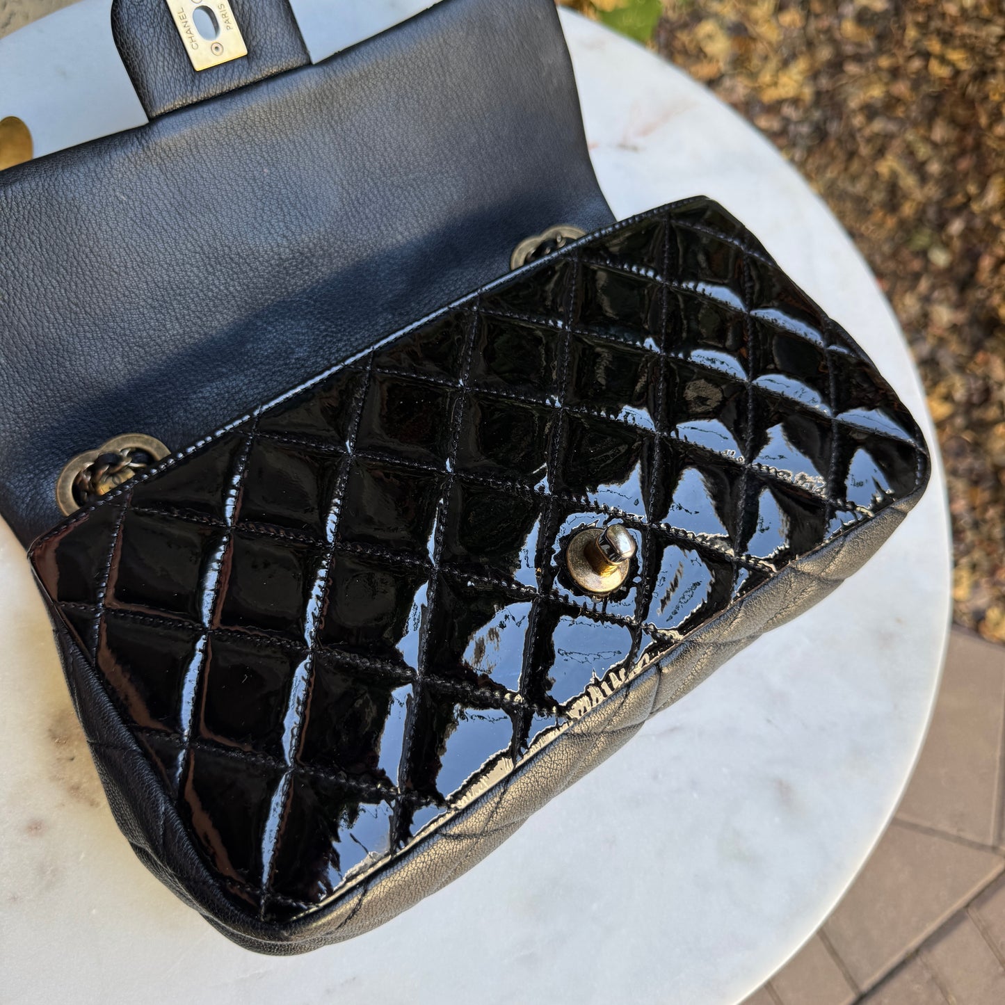 Chanel Quilted Patent Leather Medium Eyelet Single Flap Crossbody