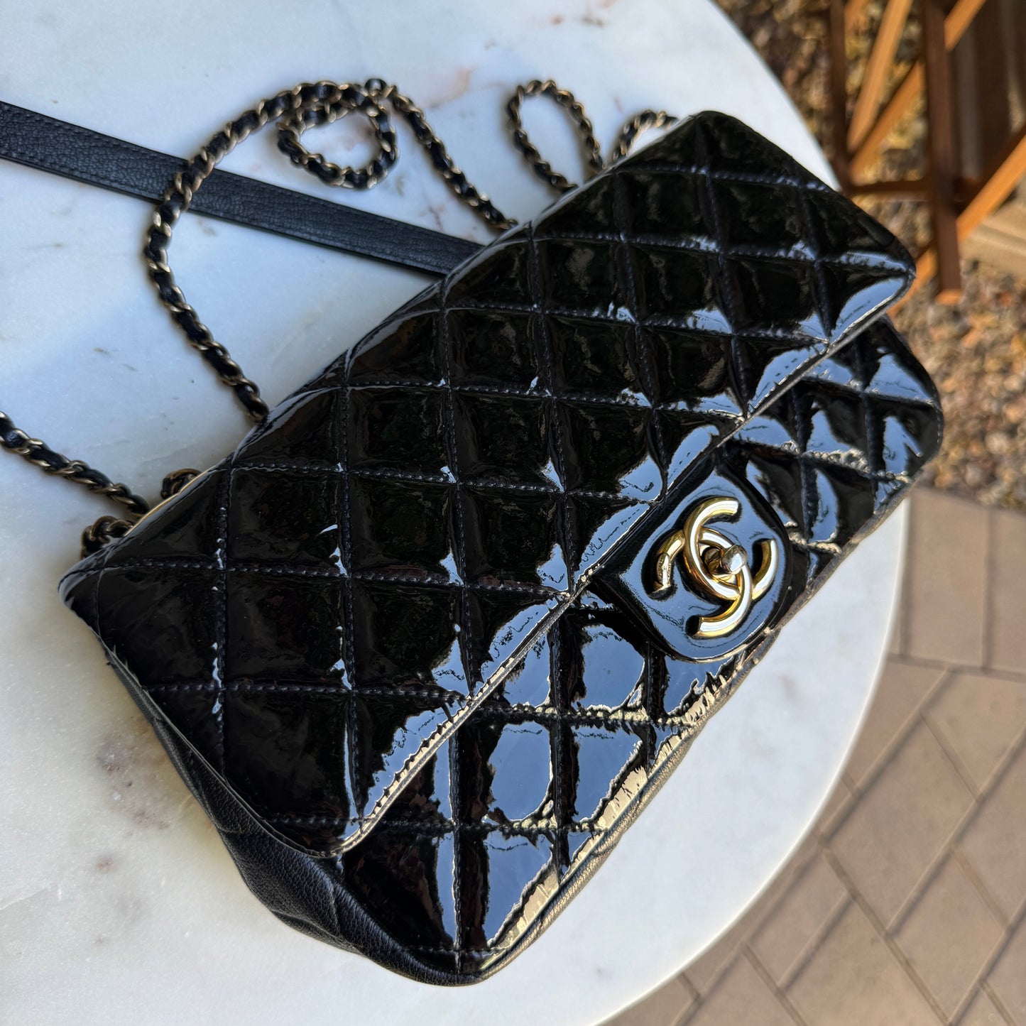 Chanel Quilted Patent Leather Medium Eyelet Single Flap Crossbody