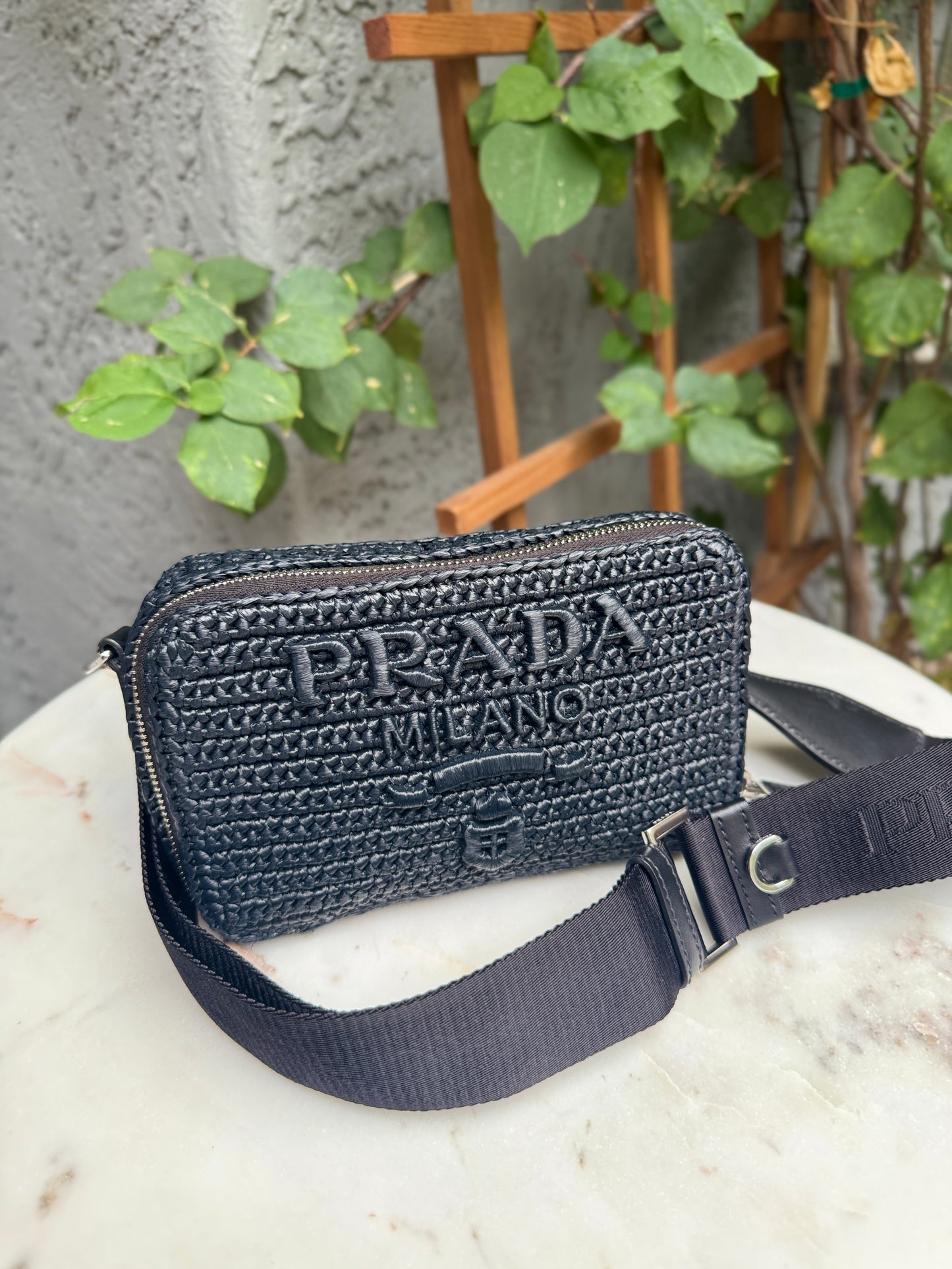 Prada Crochet Raffia Brique Crossbody