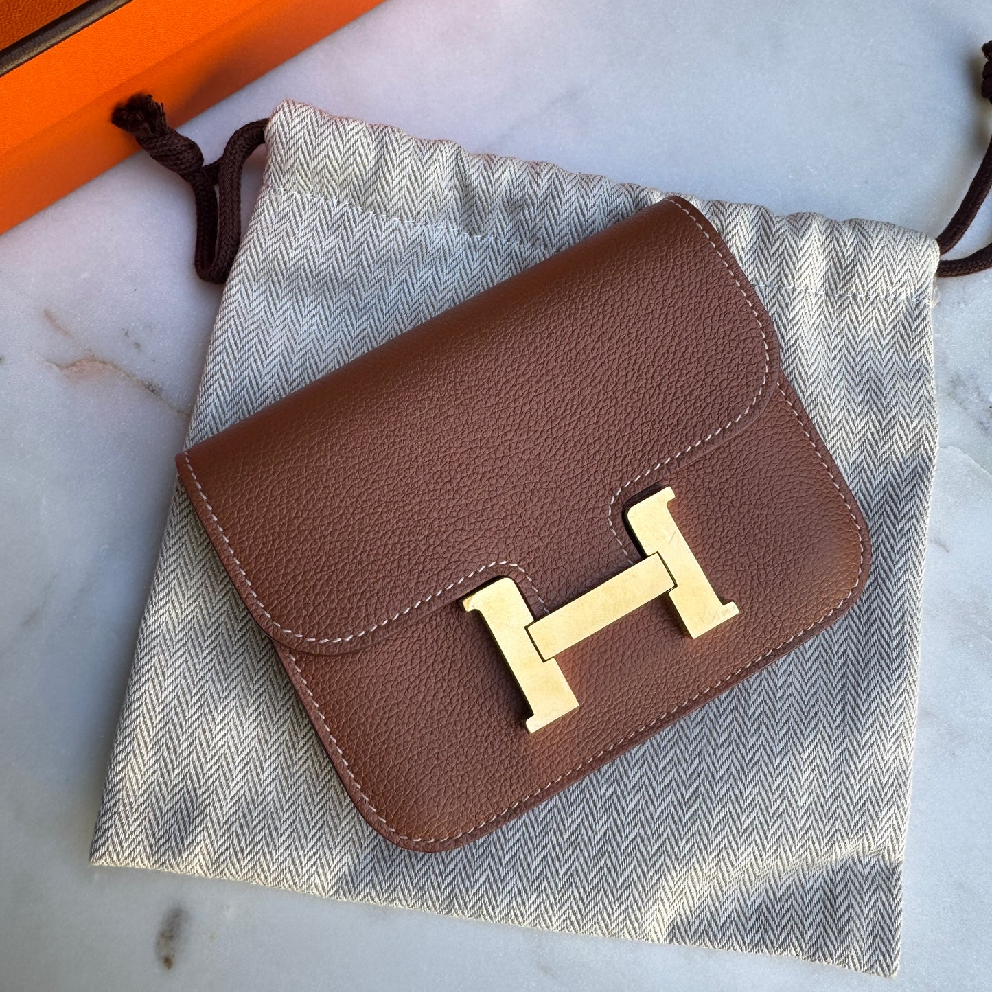 Hermès Gold Evercolor Leather Constance Slim Belt Bag Wallet