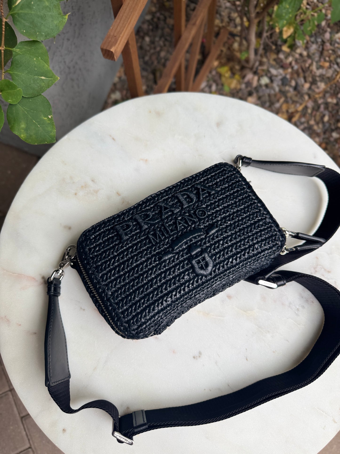 Prada Crochet Raffia Brique Crossbody