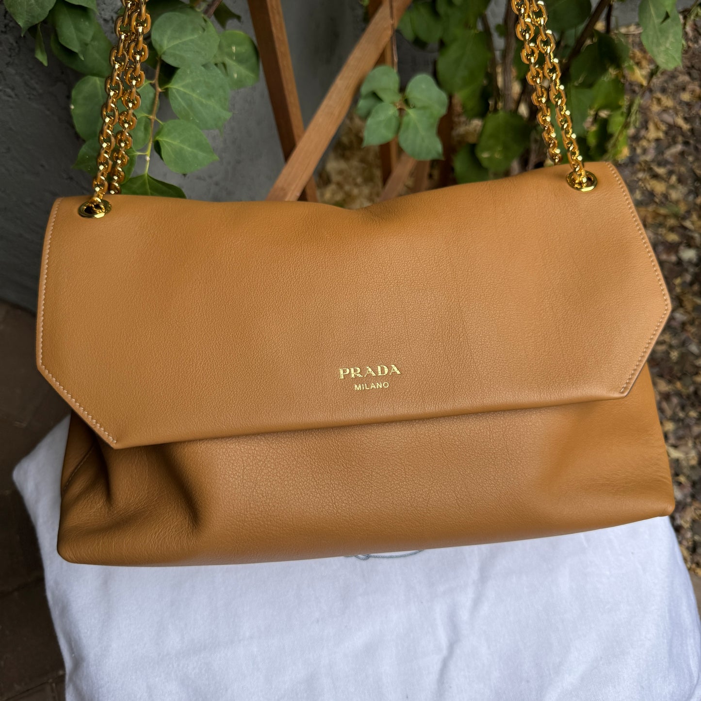 Prada Doux Extra Large Caramel Leather Shoulder Bag