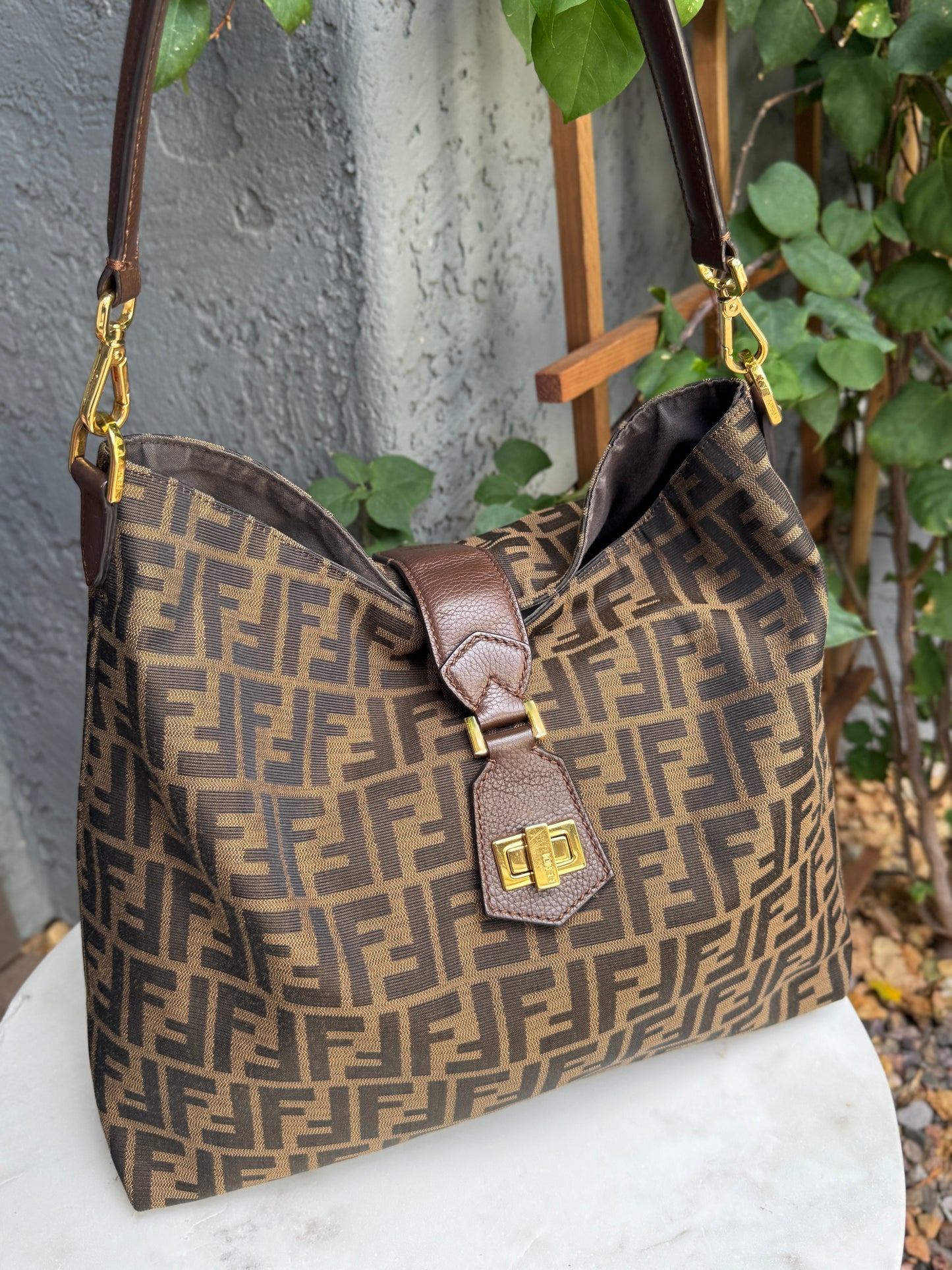 Fendi Turnlock Zucca Canvas Hobo Shoulder Bag