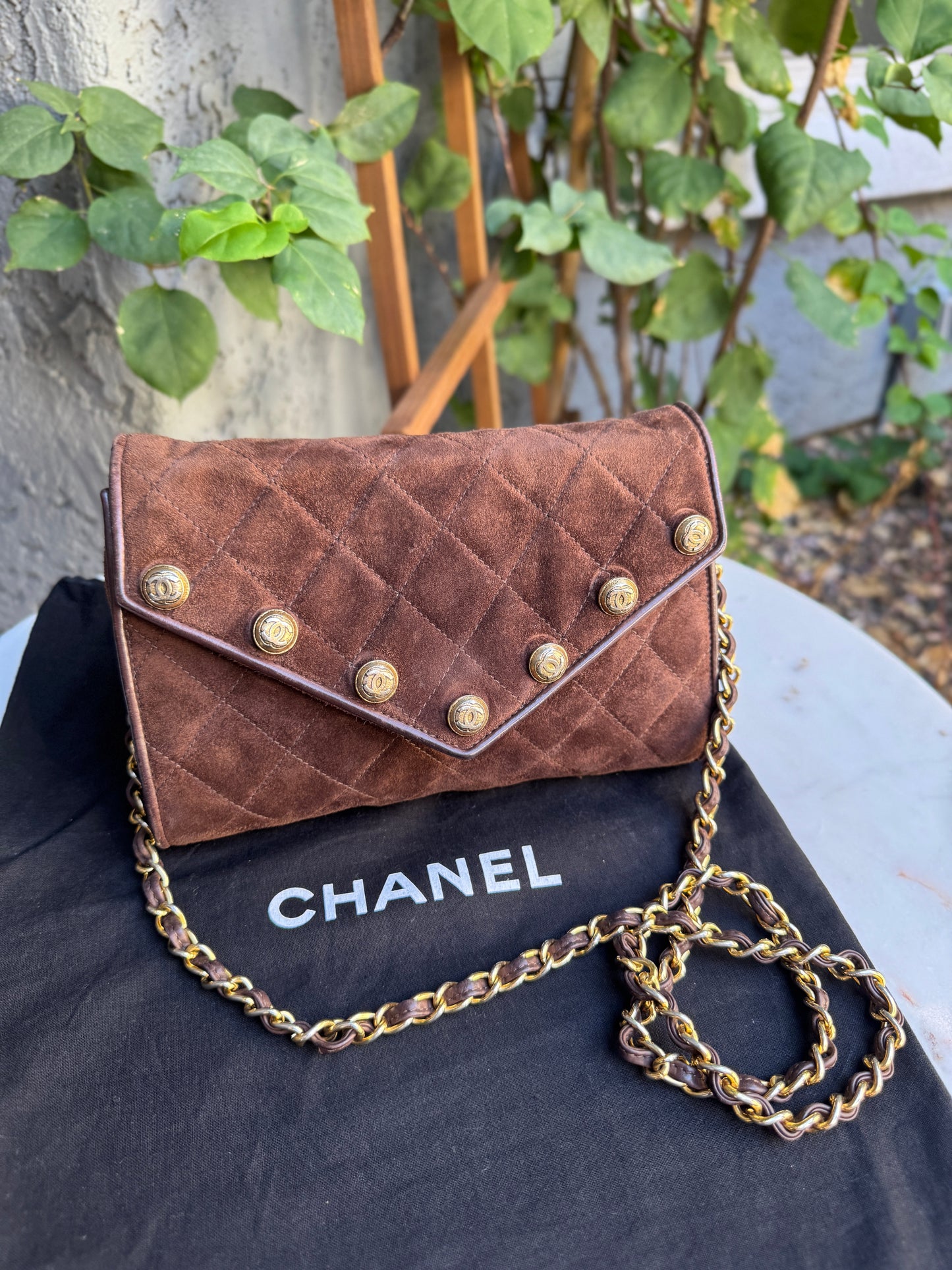 Chanel Vintage Quilted Suede Leather Charm Button Shoulder Bag